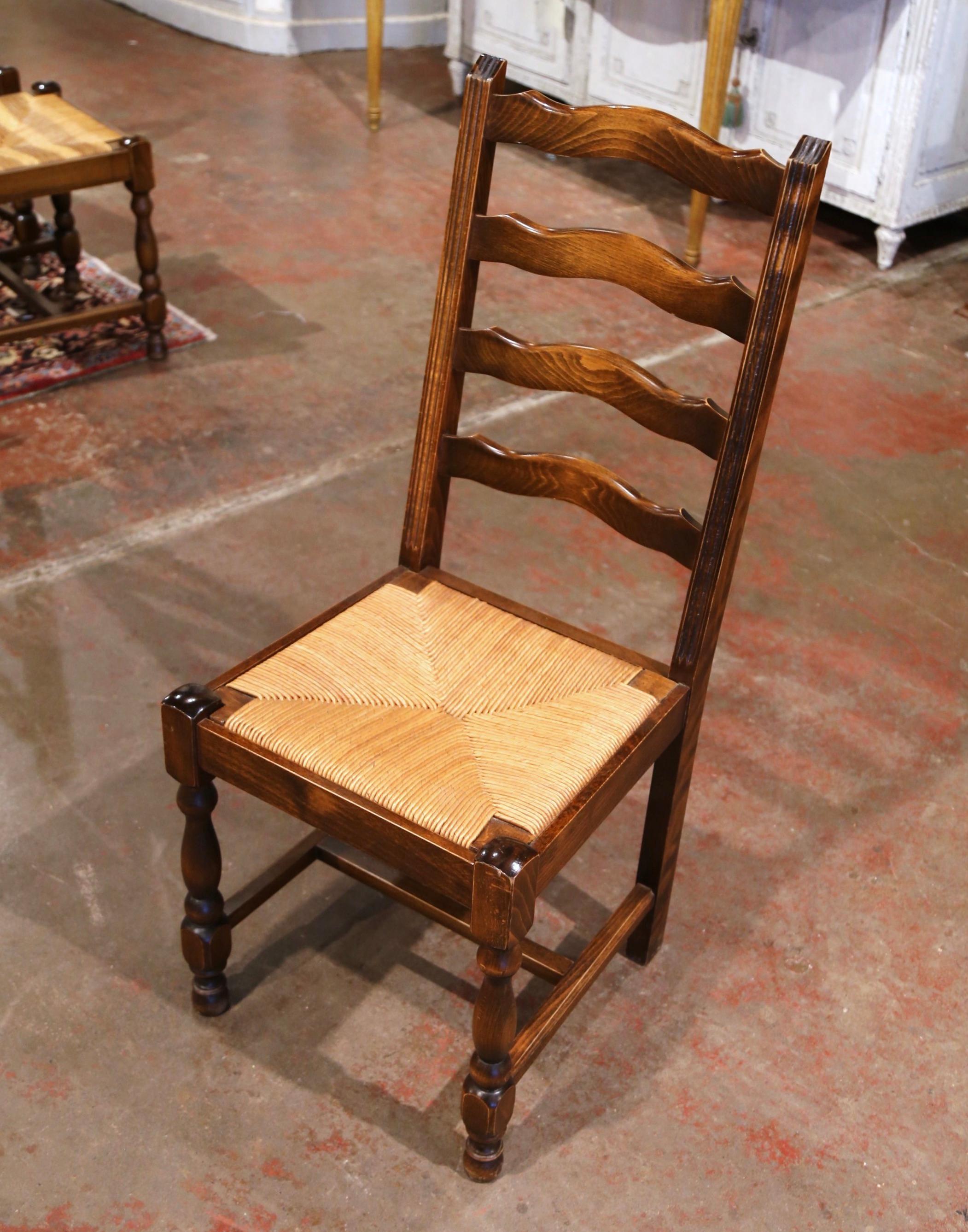 French Carved Oak Ladder Back Chairs with Rush Woven Seat, Set of Six In Excellent Condition In Dallas, TX