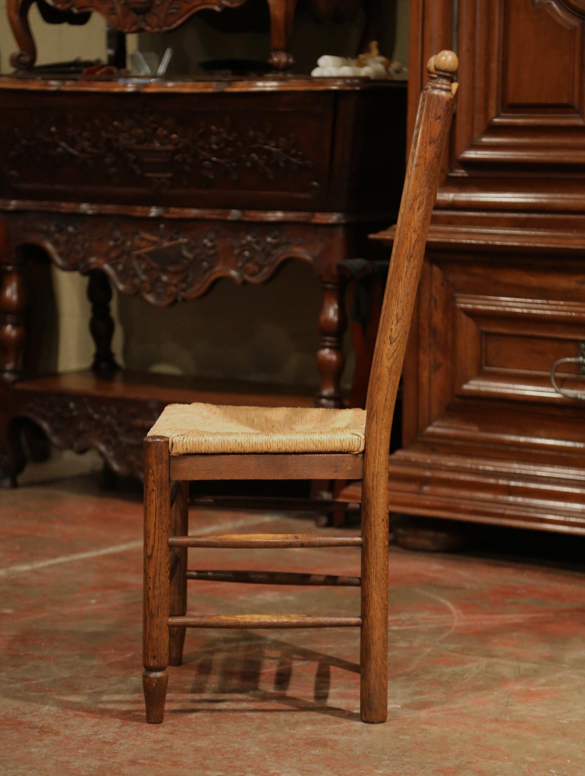 Late 20th Century French Carved Oak Ladder Back Chairs with Rush Woven Seat, Set of Six