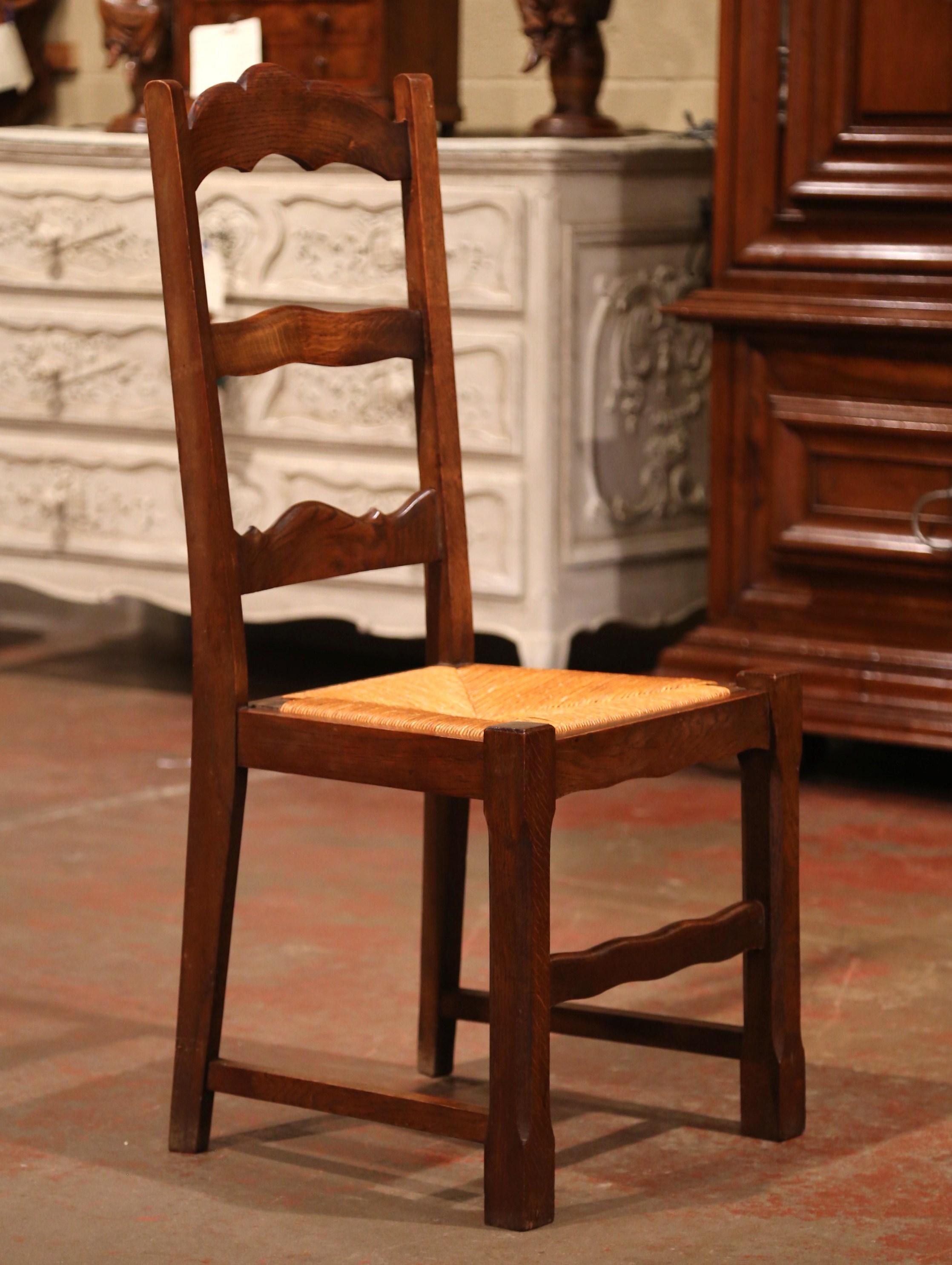 20th Century French Carved Oak Ladder Back Chairs with Rush Woven Seat, Set of Six