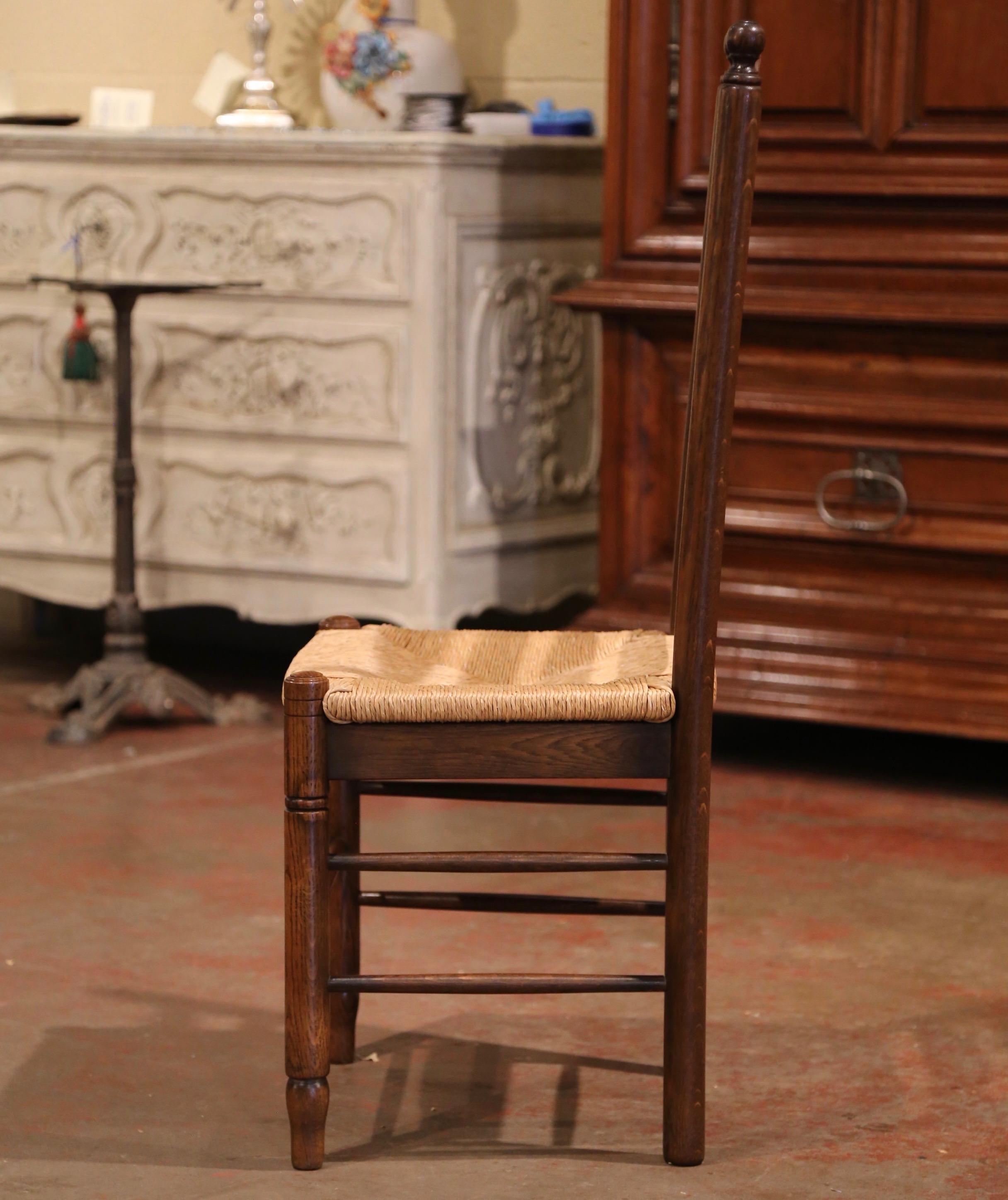 French Carved Oak Ladder Back Chairs with Rush Woven Seat, Set of Six 1