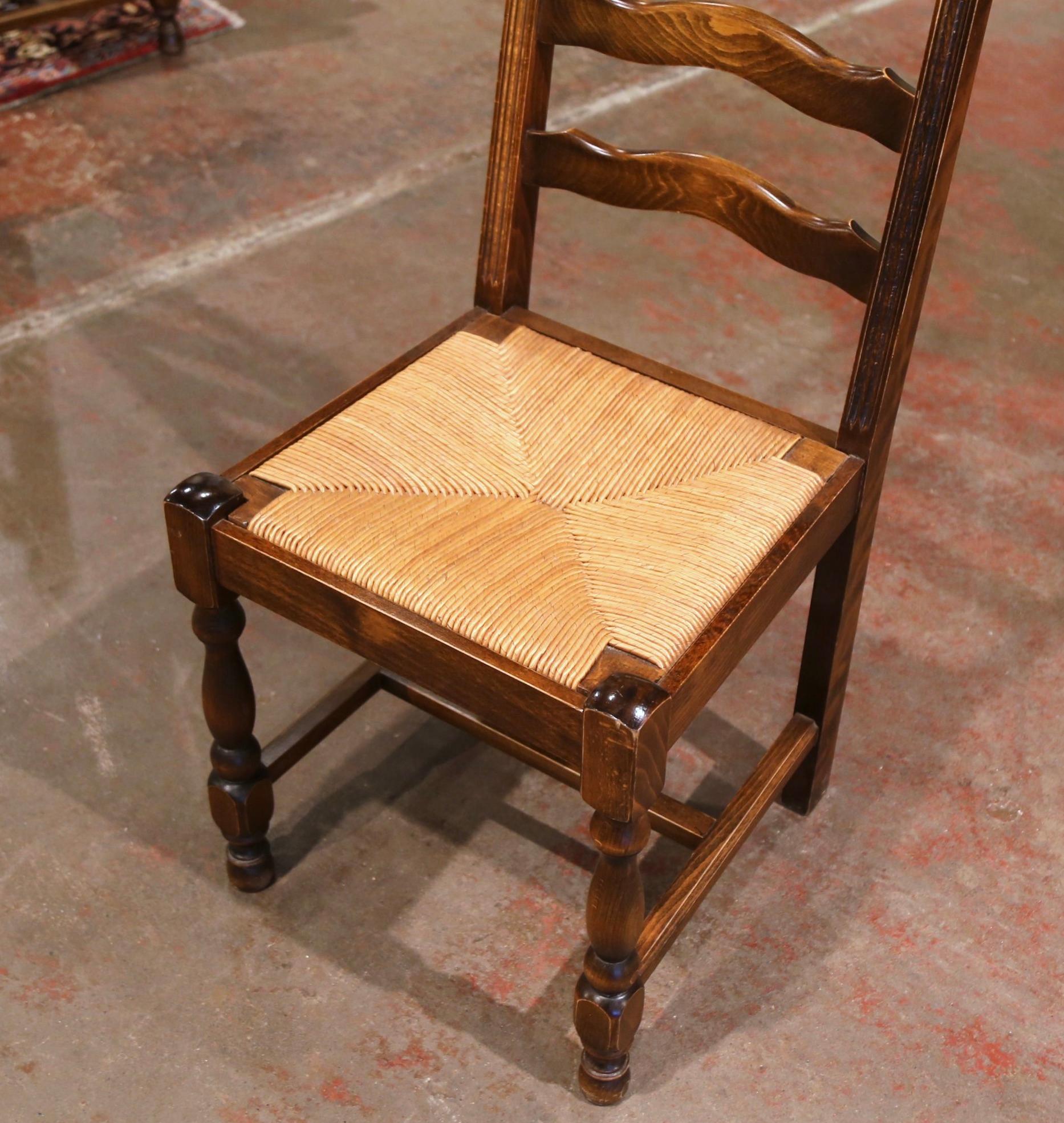 20th Century French Carved Oak Ladder Back Chairs with Rush Woven Seat, Set of Six