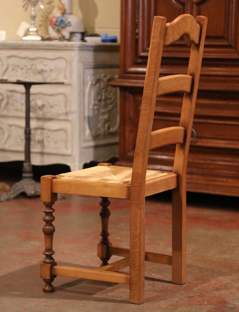 French Carved Oak Ladder Back Chairs with Rush Woven Seat, Set of Six For Sale 1