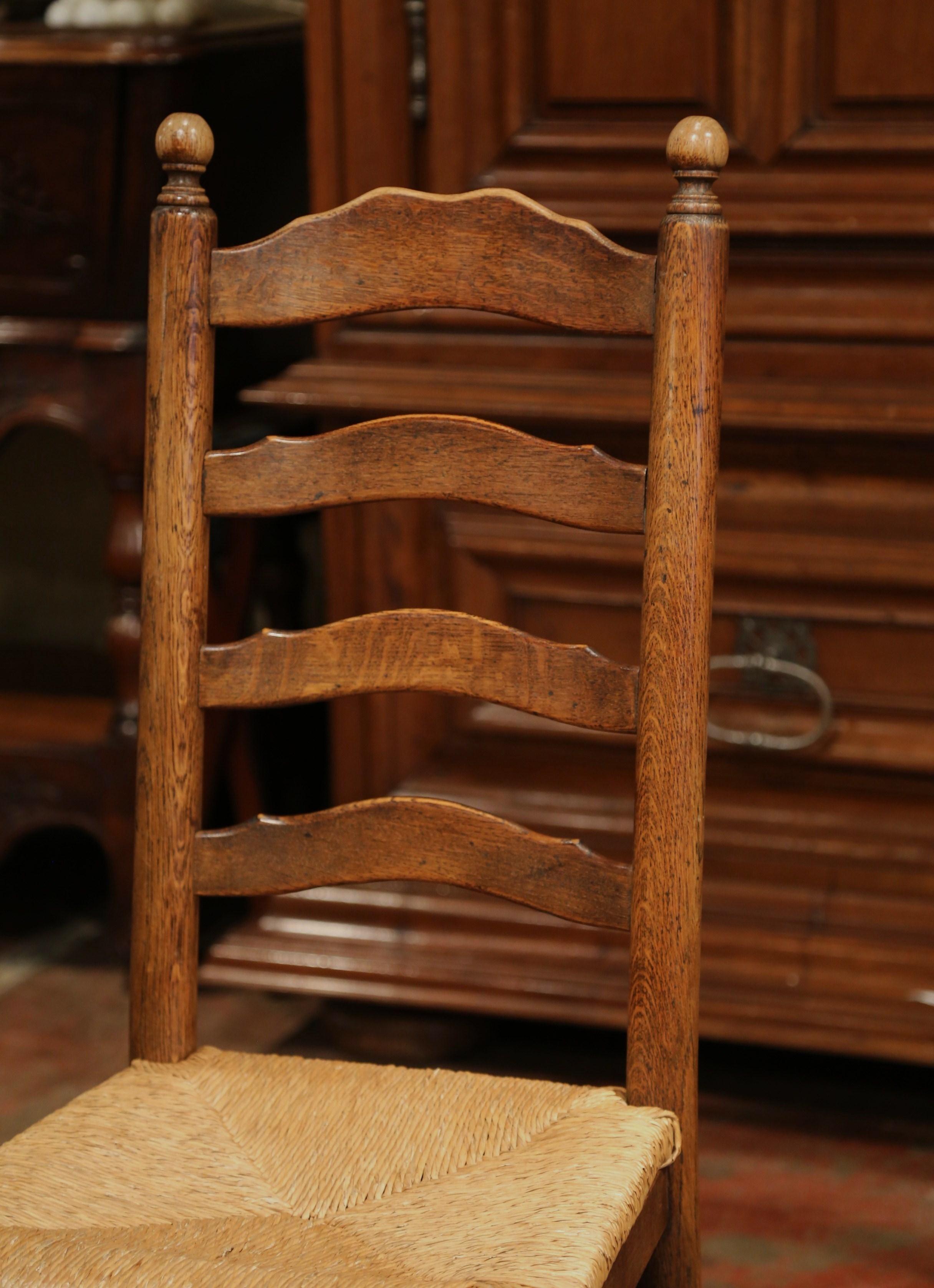 French Carved Oak Ladder Back Chairs with Rush Woven Seat, Set of Six 1
