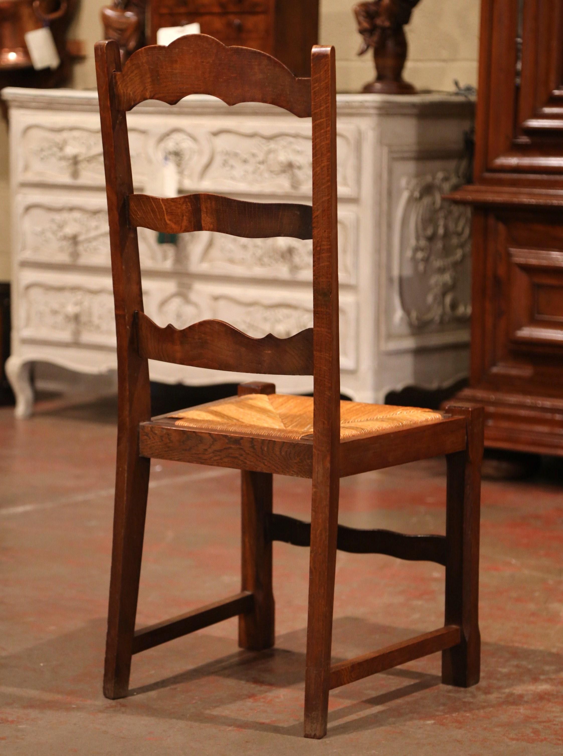 French Carved Oak Ladder Back Chairs with Rush Woven Seat, Set of Six 1