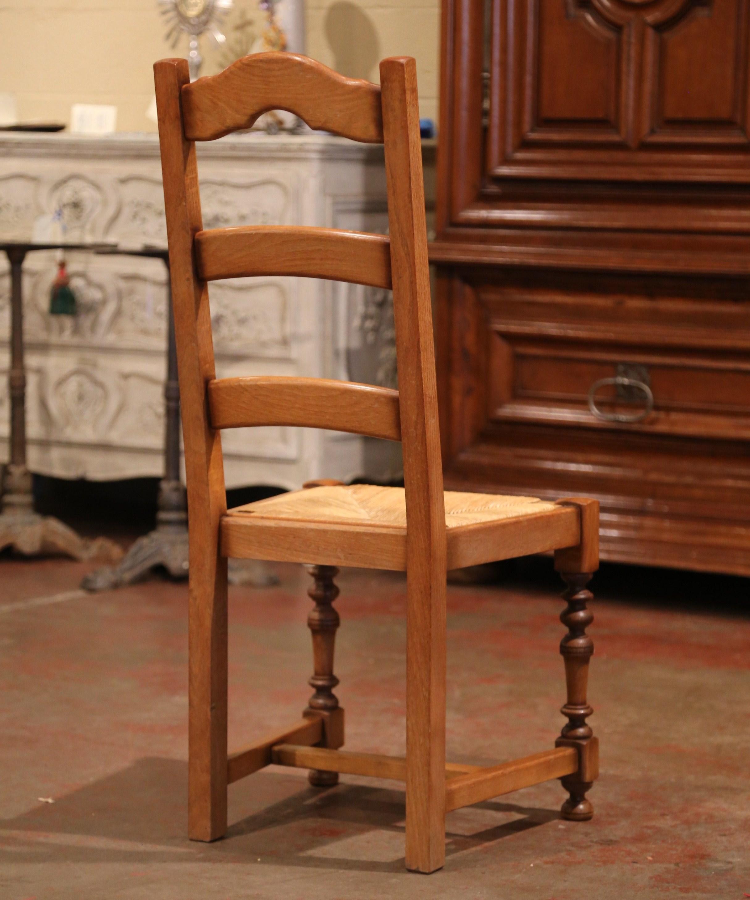 French Carved Oak Ladder Back Chairs with Rush Woven Seat, Set of Six 1