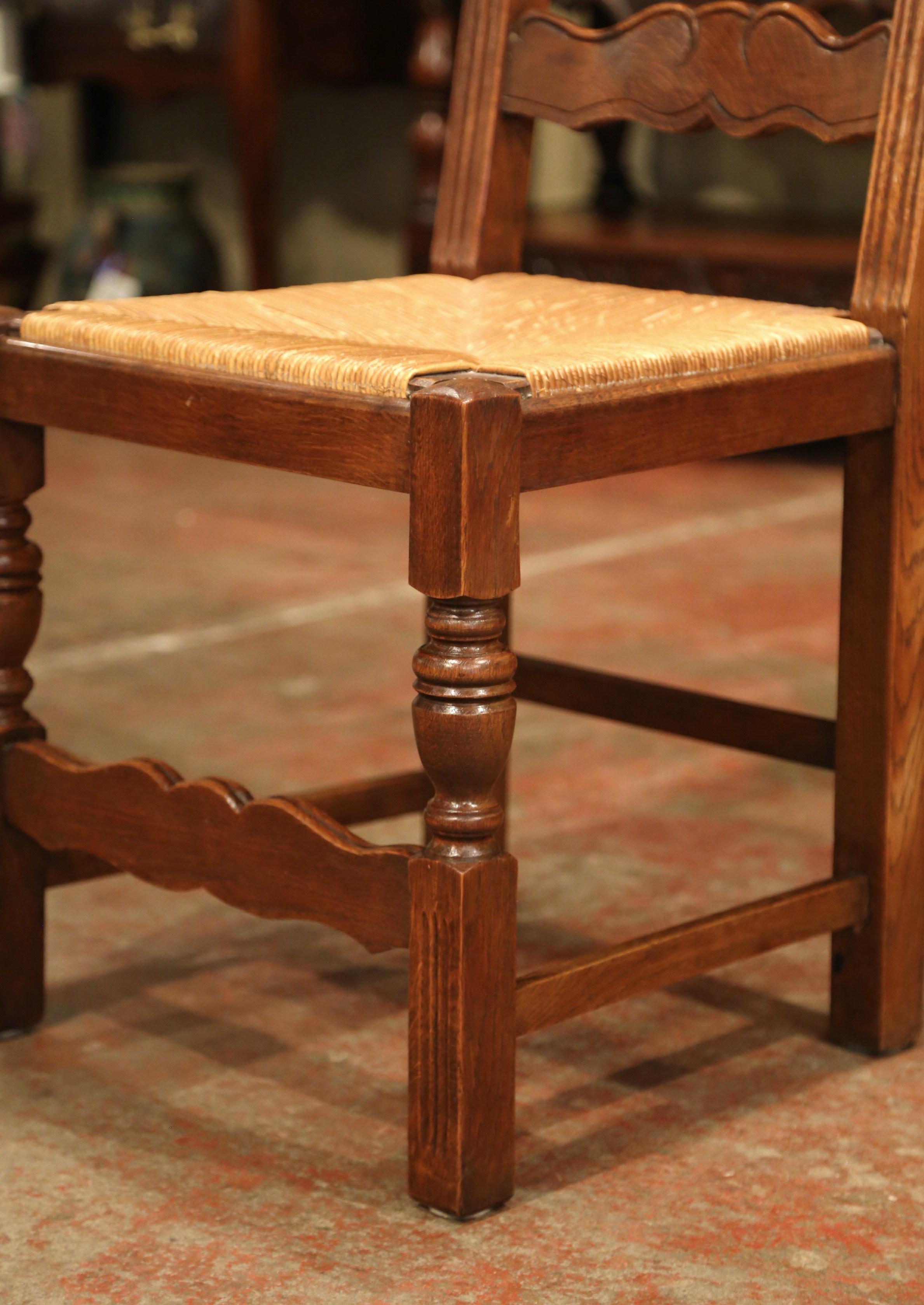 French Carved Oak Ladder Back Chairs with Rush Woven Seat, Set of Six 2