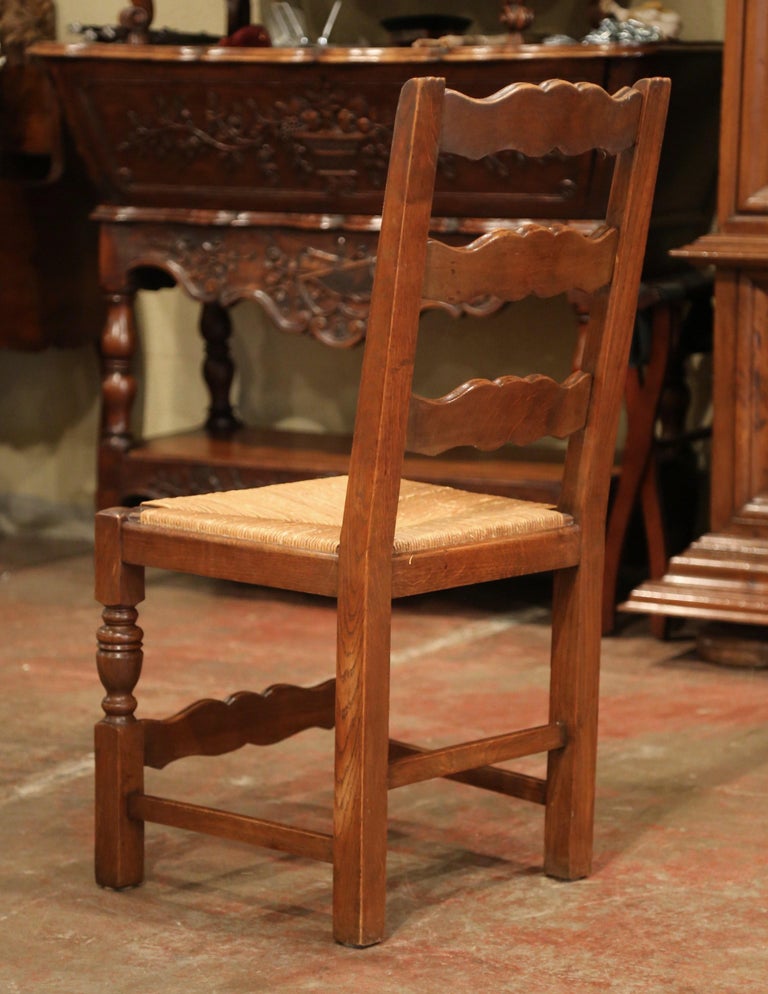 French Carved Oak Ladder Back Chairs with Rush Woven Seat, Set of Six