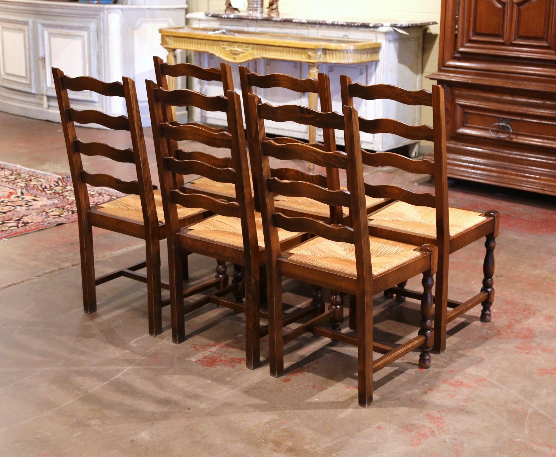 French Carved Oak Ladder Back Chairs with Rush Woven Seat, Set of Six 3