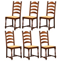French Carved Oak Ladder Back Chairs with Rush Woven Seat, Set of Six