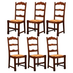French Carved Oak Ladder Back Chairs with Rush Woven Seat, Set of Six