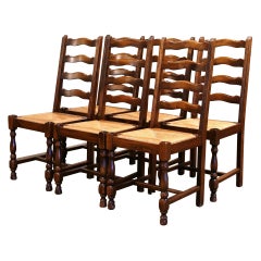 French Carved Oak Ladder Back Chairs with Rush Woven Seat, Set of Six
