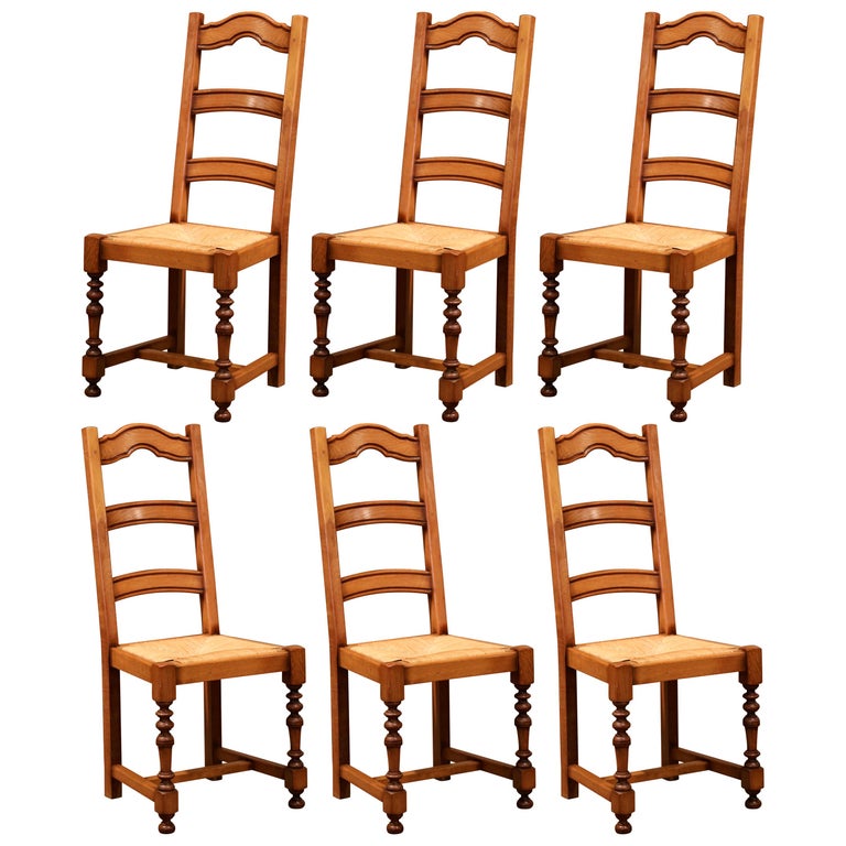 French Carved Oak Ladder Back Chairs with Rush Woven Seat, Set of Six For Sale