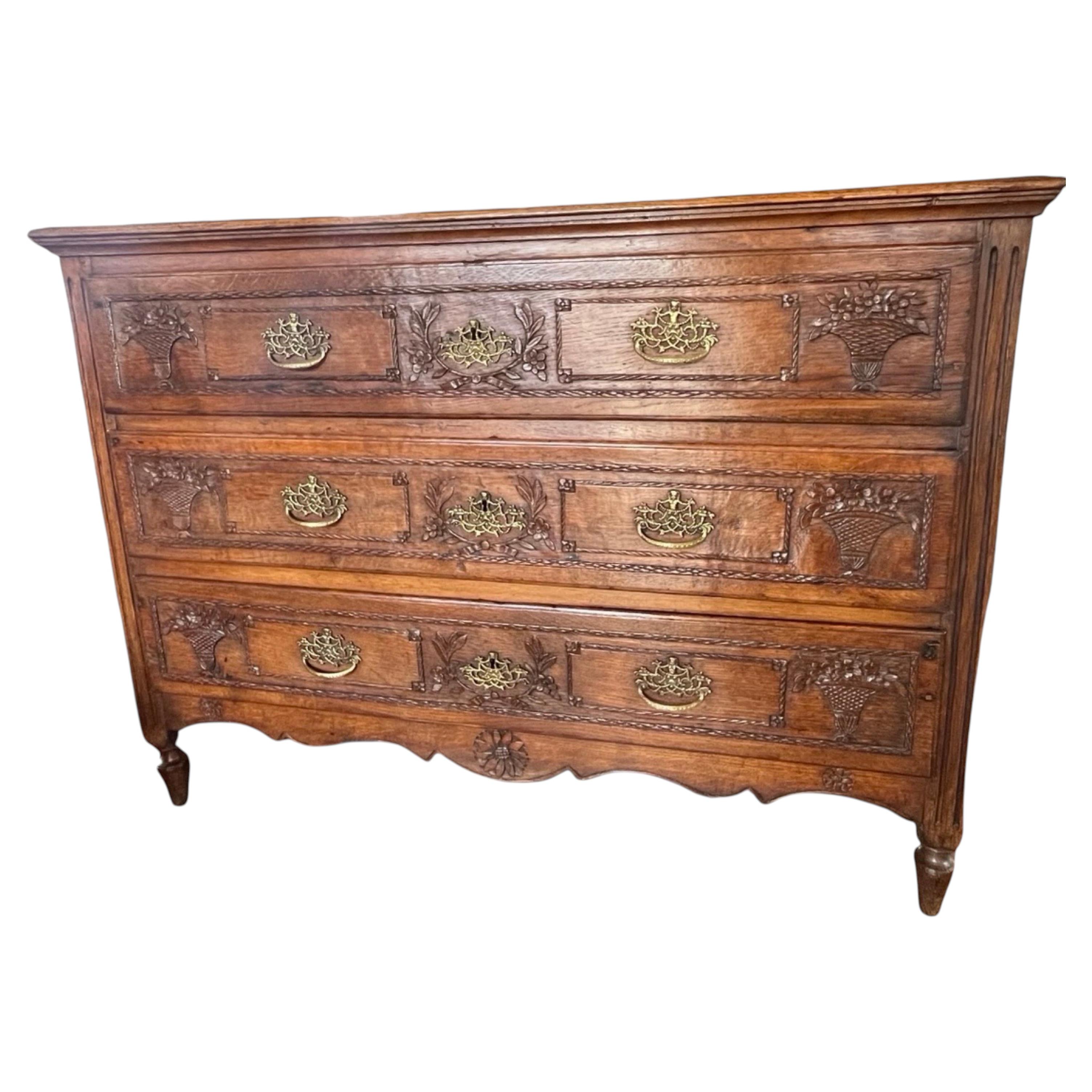 French Carved Oak Louis XVI Chest Of Drawers, Late 1700s