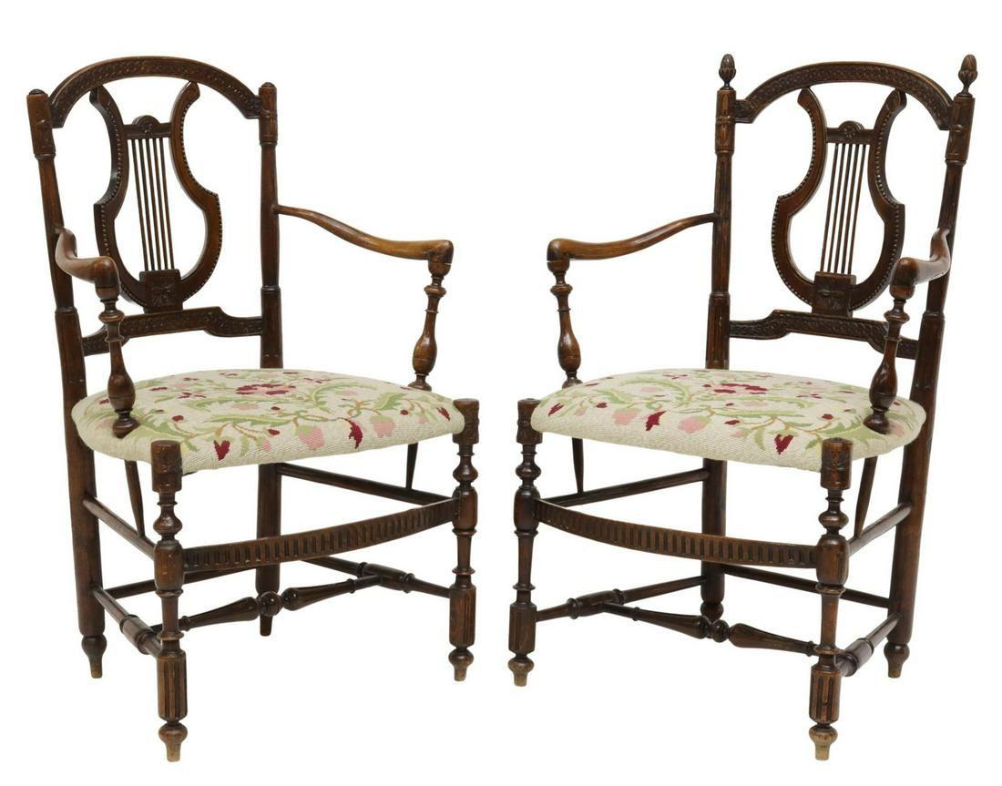Hand-Carved French Carved Oak Lyre-Back Fauteuils Needlepoint Seat Armchairs, A Pair For Sale