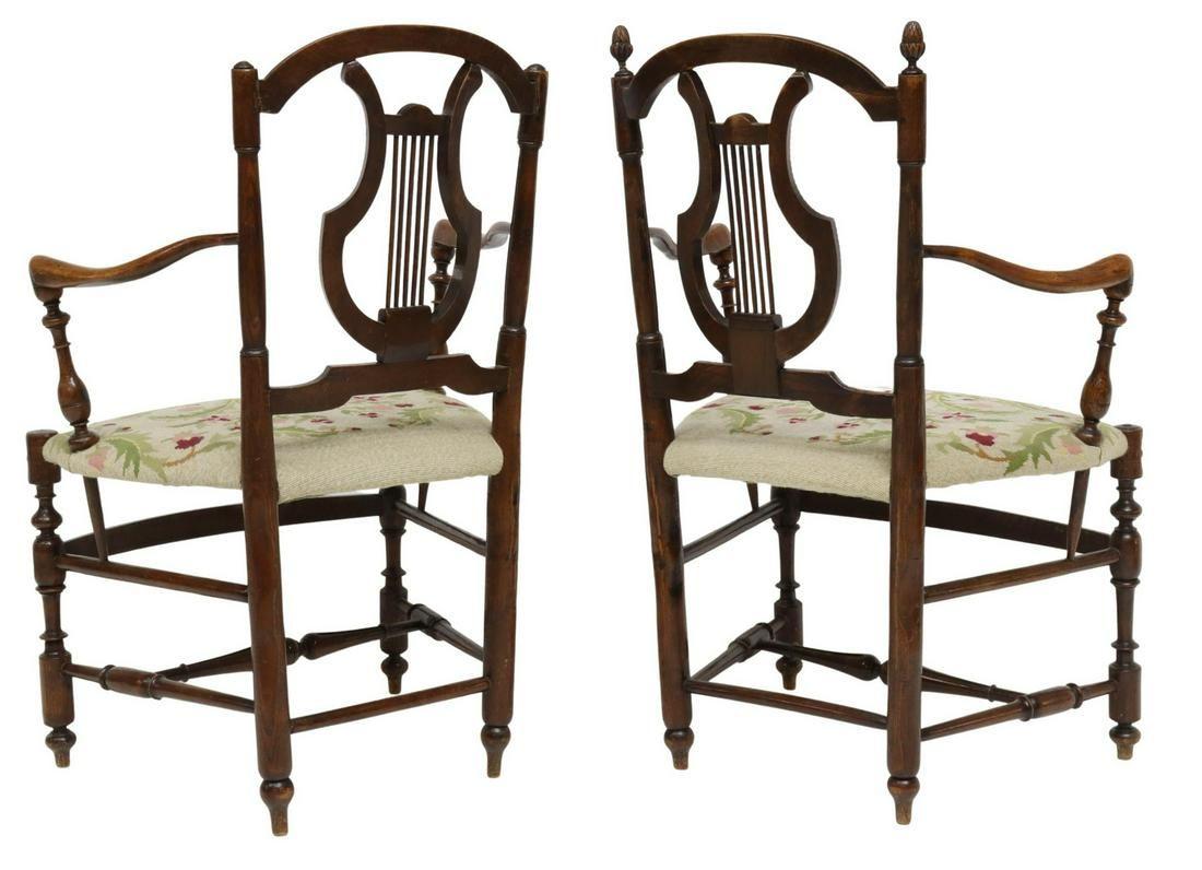 French Carved Oak Lyre-Back Fauteuils Needlepoint Seat Armchairs, A Pair In Good Condition For Sale In Sheridan, CO