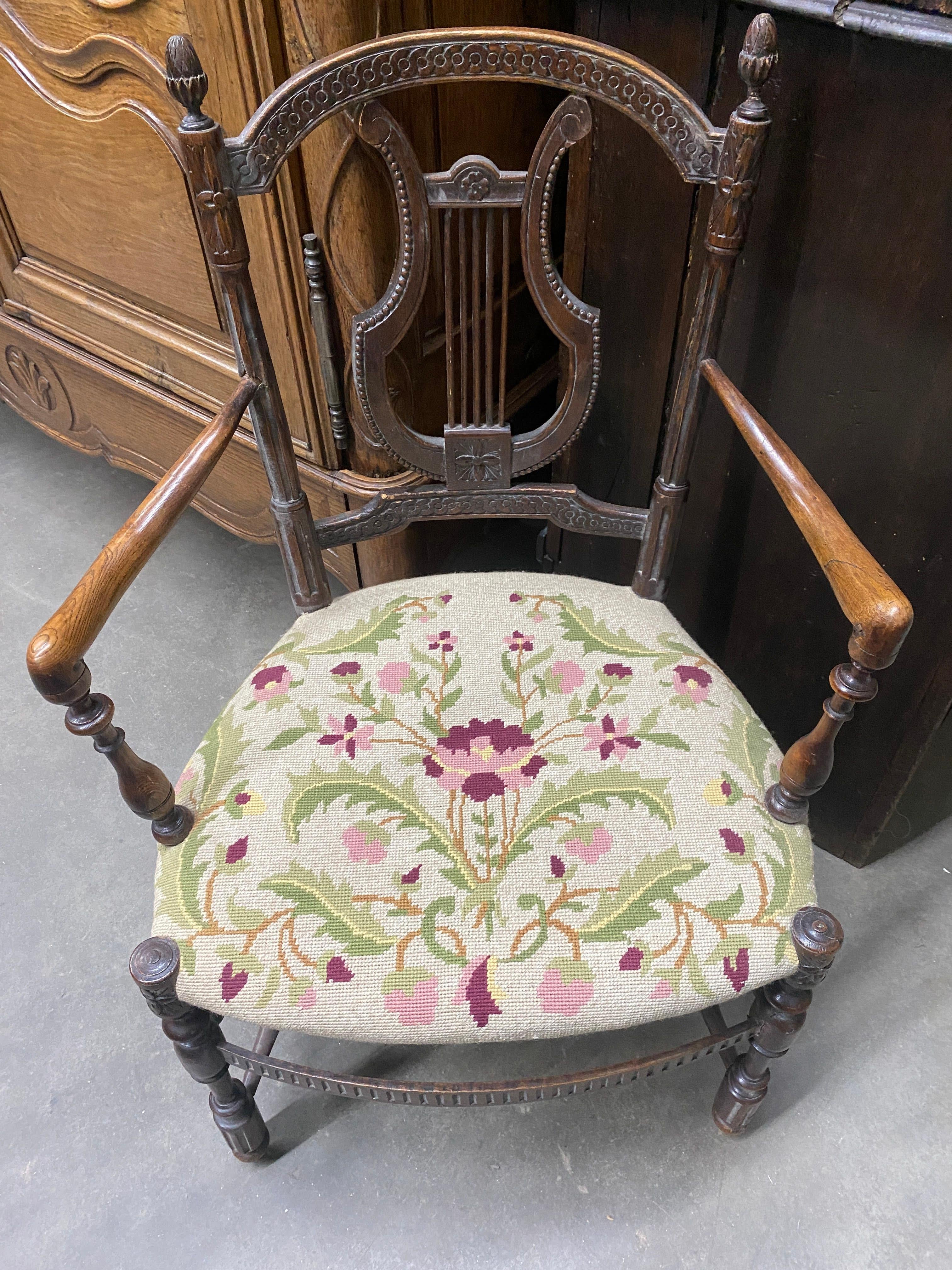 French Carved Oak Lyre-Back Fauteuils Needlepoint Seat Armchairs, A Pair For Sale 1