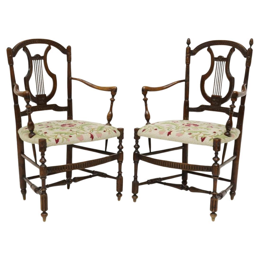 French Carved Oak Lyre-Back Fauteuils Needlepoint Seat Armchairs, A Pair For Sale