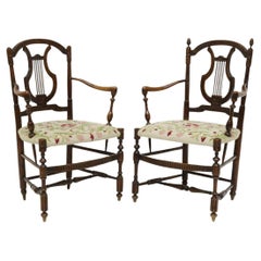 French Carved Oak Lyre-Back Fauteuils Needlepoint Seat Armchairs, A Pair