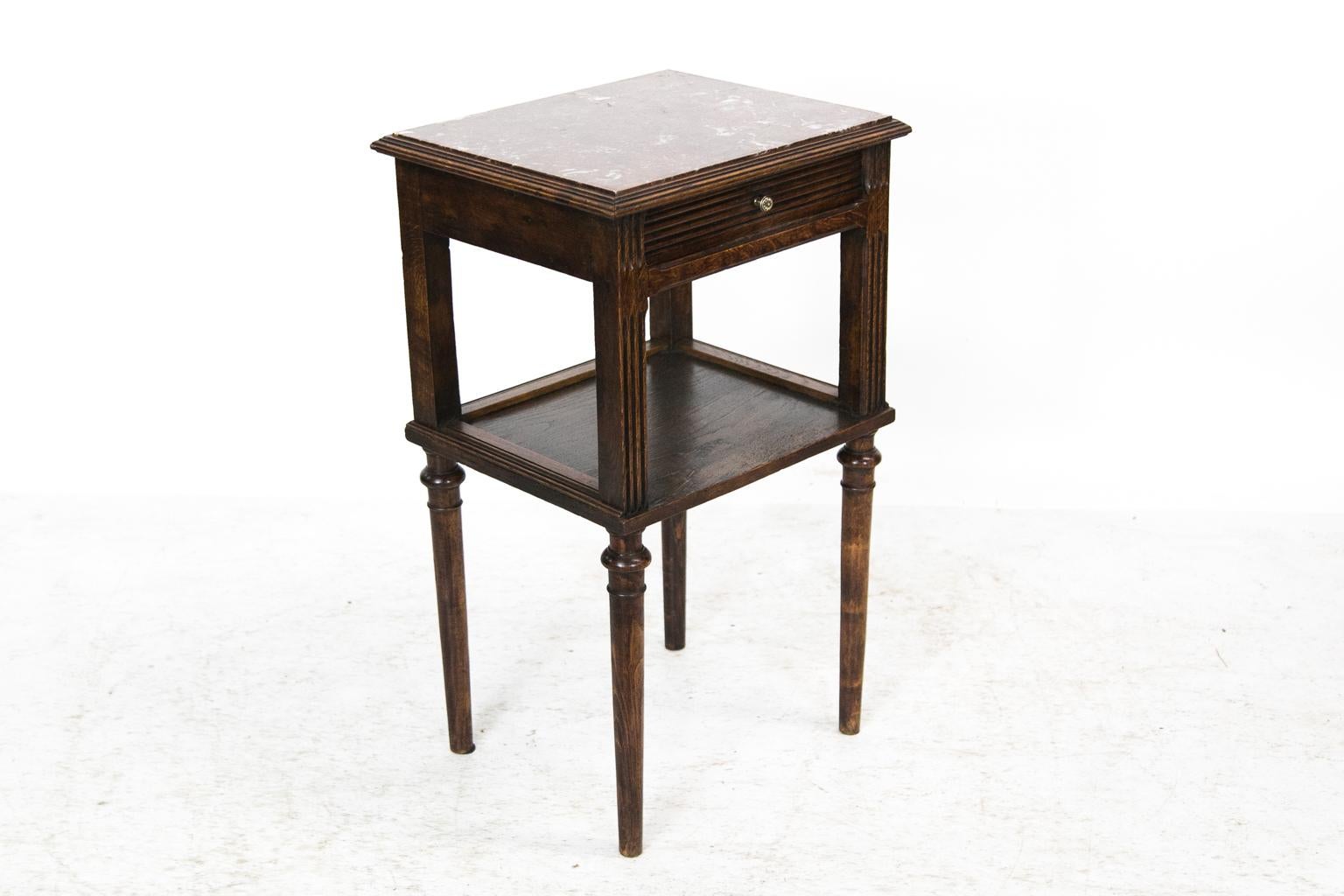 Brass French Carved Oak Marble-Top Side Table