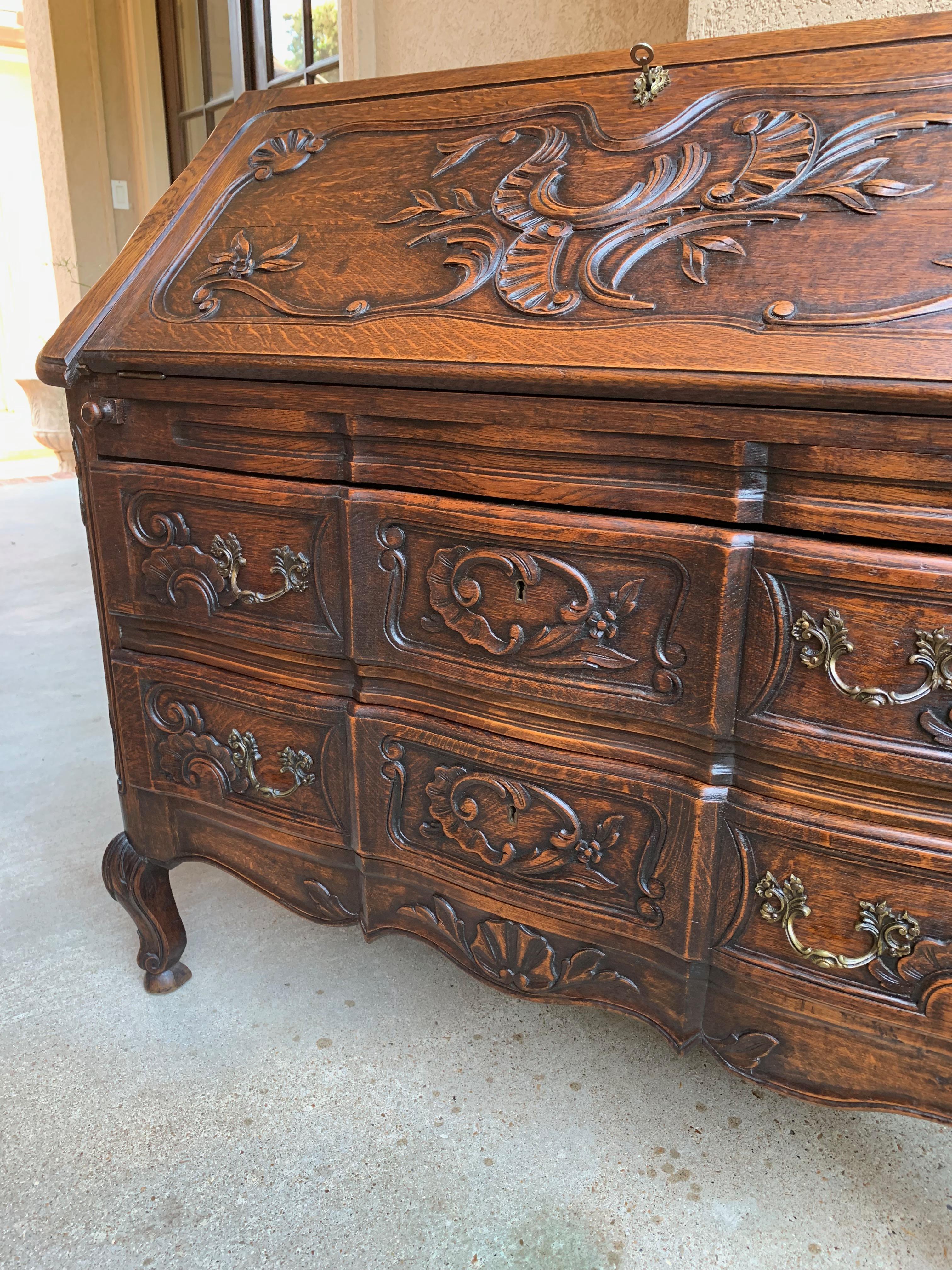 French Carved Oak Secretary Desk Bureau Drop Front Table Louis XV Style, 1920s 3