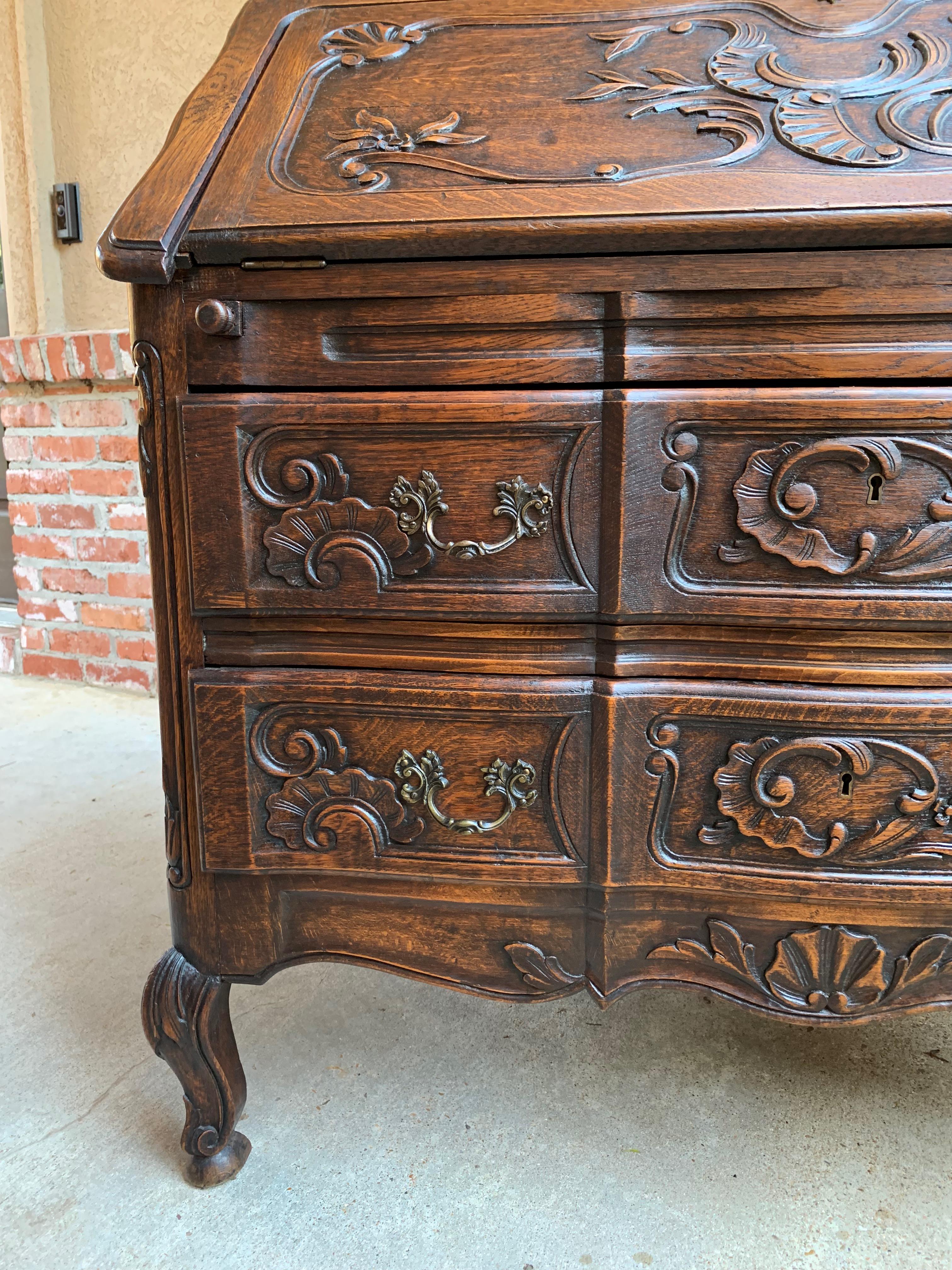 French Carved Oak Secretary Desk Bureau Drop Front Table Louis XV Style, 1920s 5