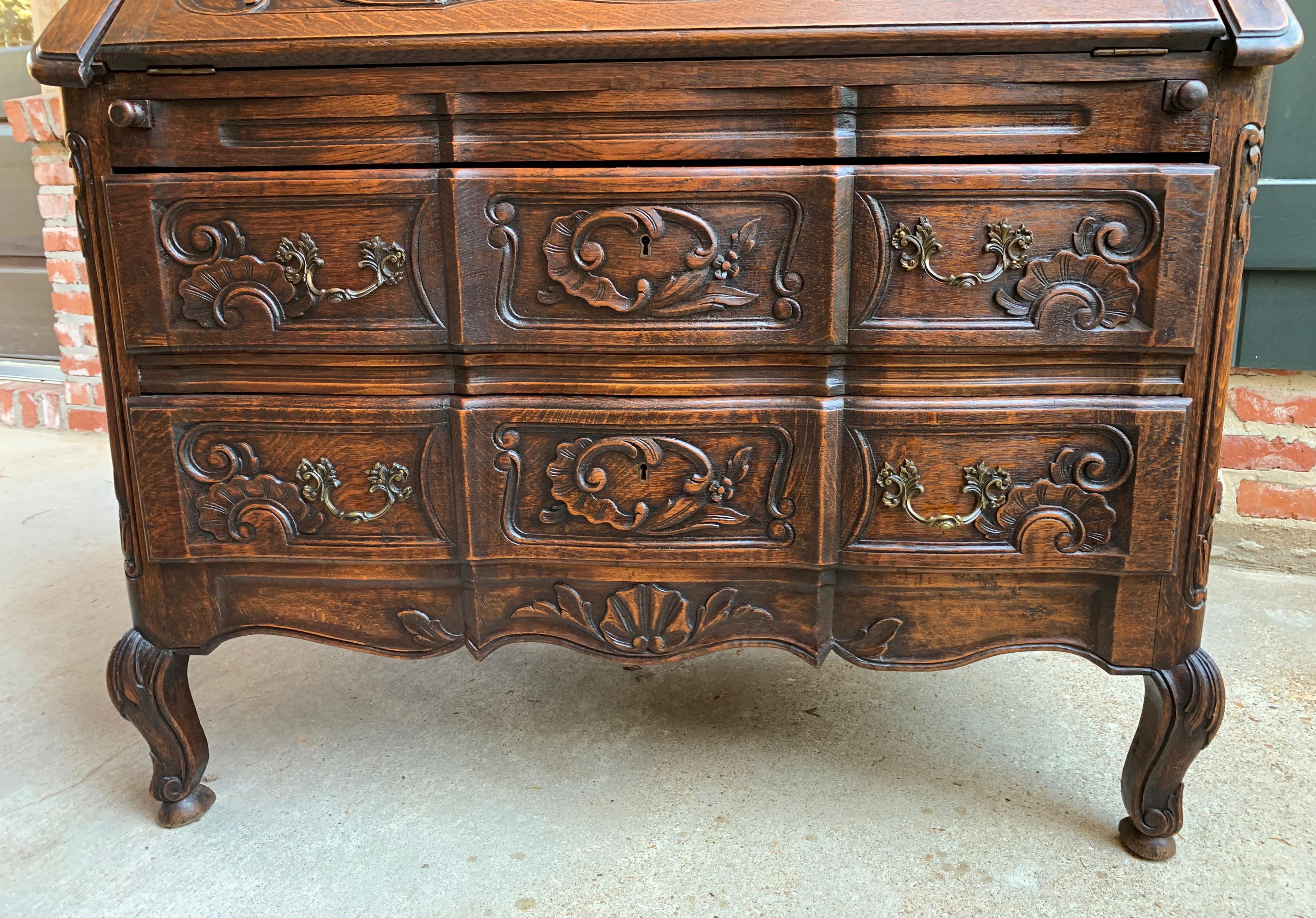 French Carved Oak Secretary Desk Bureau Drop Front Table Louis XV Style, 1920s 2