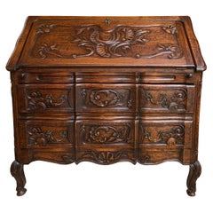 French Carved Oak Secretary Desk Bureau Drop Front Table Louis XV Style, 1920s