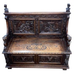 French Carved Oak Settle Renaissance Revival Hall Monks Bench with Lion Masks c.