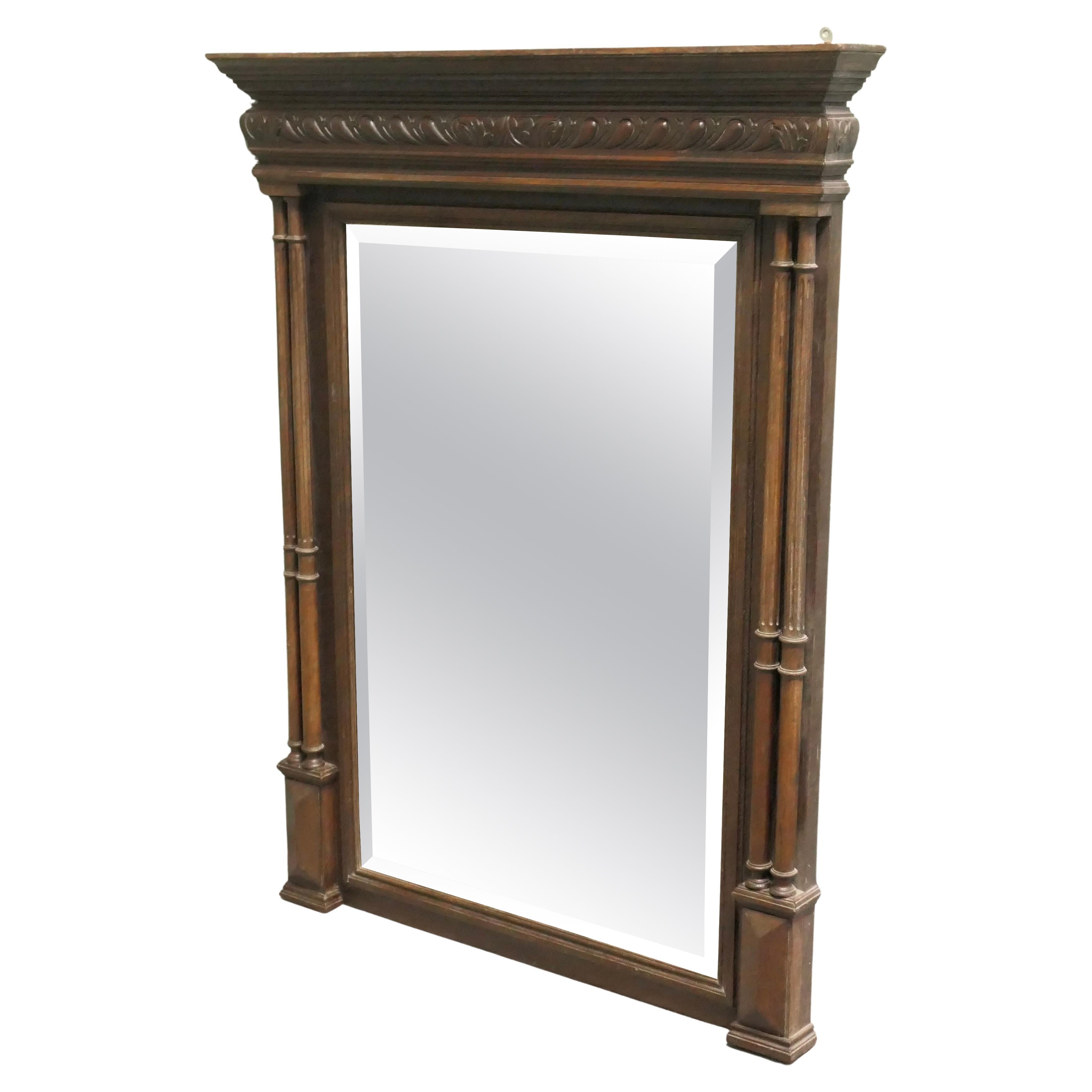 French Carved Oak Wall Mirror with Side Columns