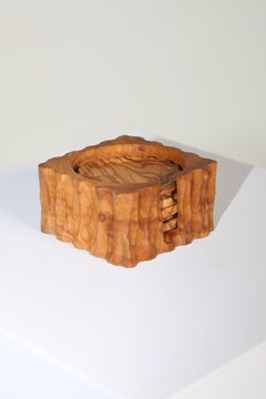 French Carved Olive Wood Coaster Set with Holder, Sculptural Form, 1970s