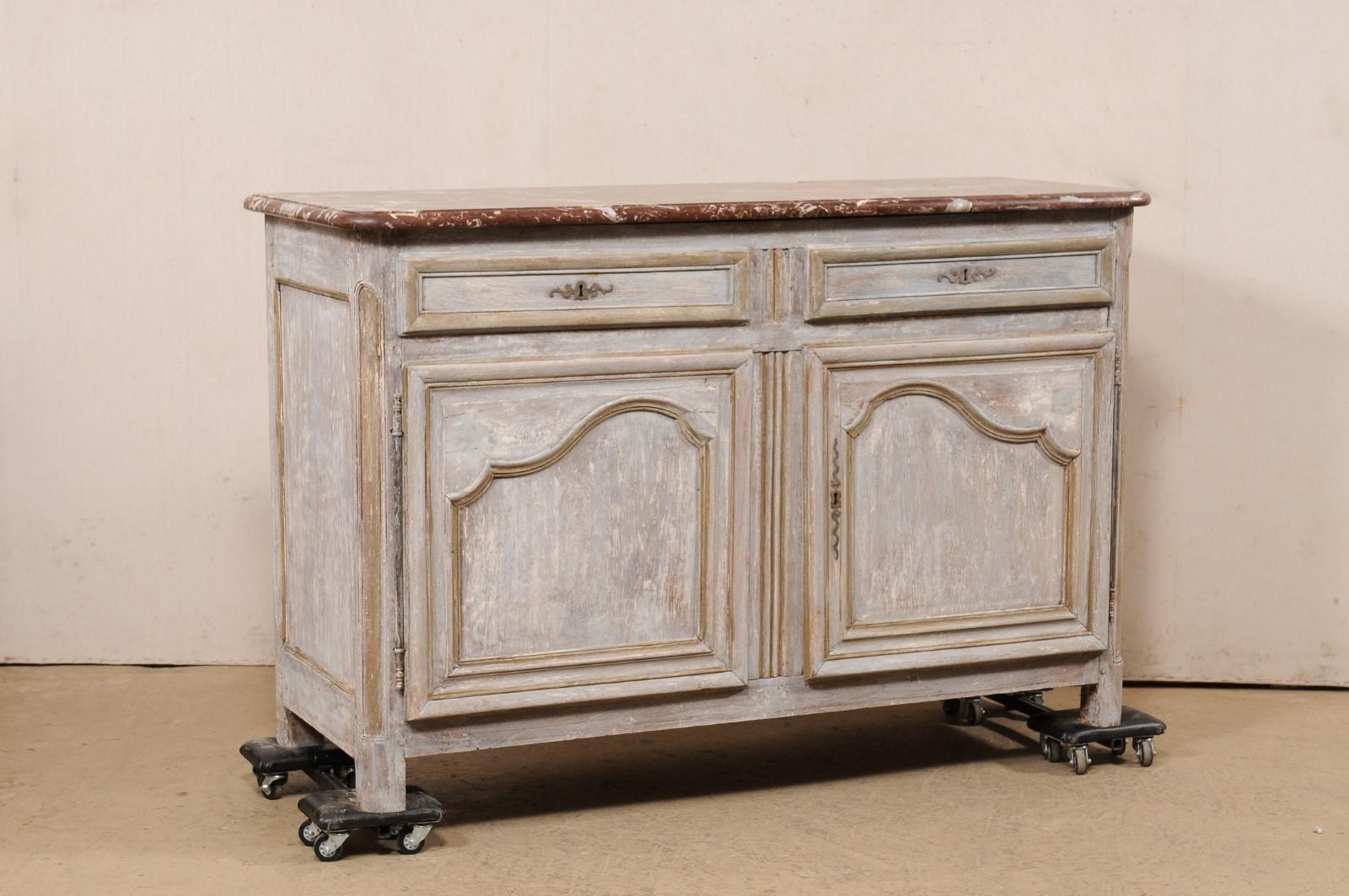 19th Century French Carved & Painted Wood Buffet Console w/Original Marble Top, 19th C. For Sale