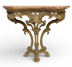 French Rococo Carved Pine Console Table with Rouge Marble Top