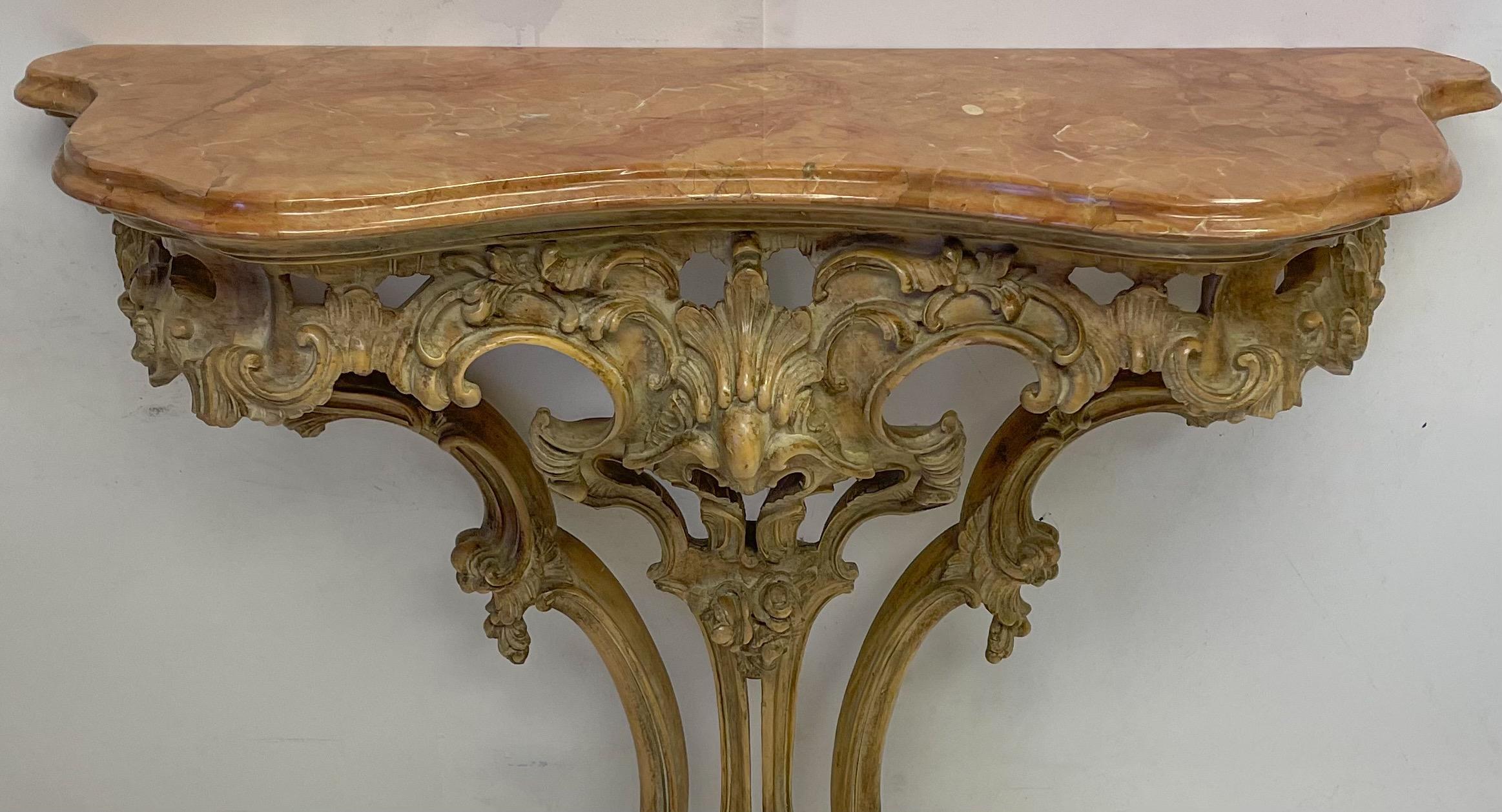 Louis XVI French Carved Pine Console Table with Rouge Marble Top For Sale
