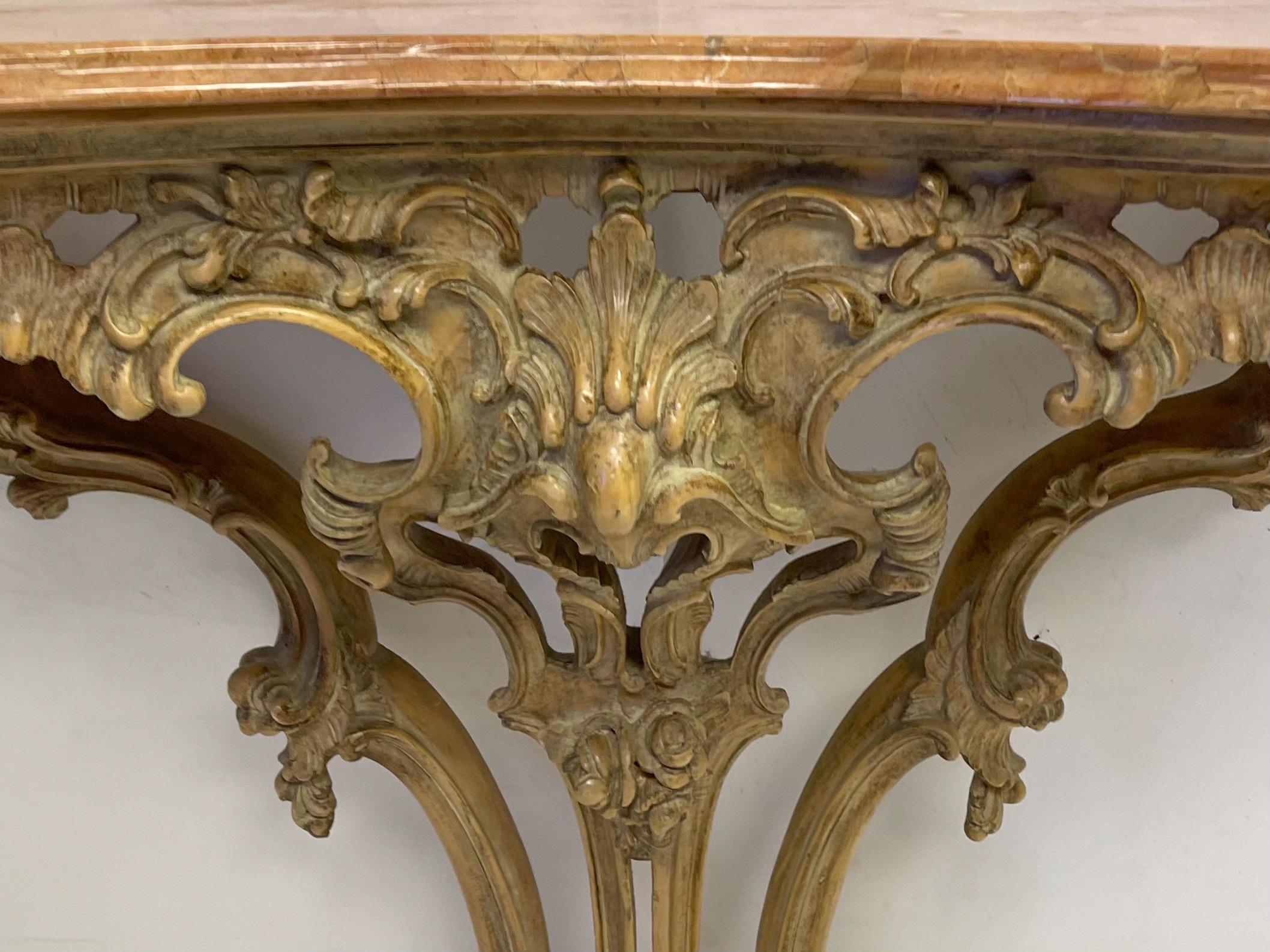 French Carved Pine Console Table with Rouge Marble Top In Good Condition For Sale In Kennesaw, GA