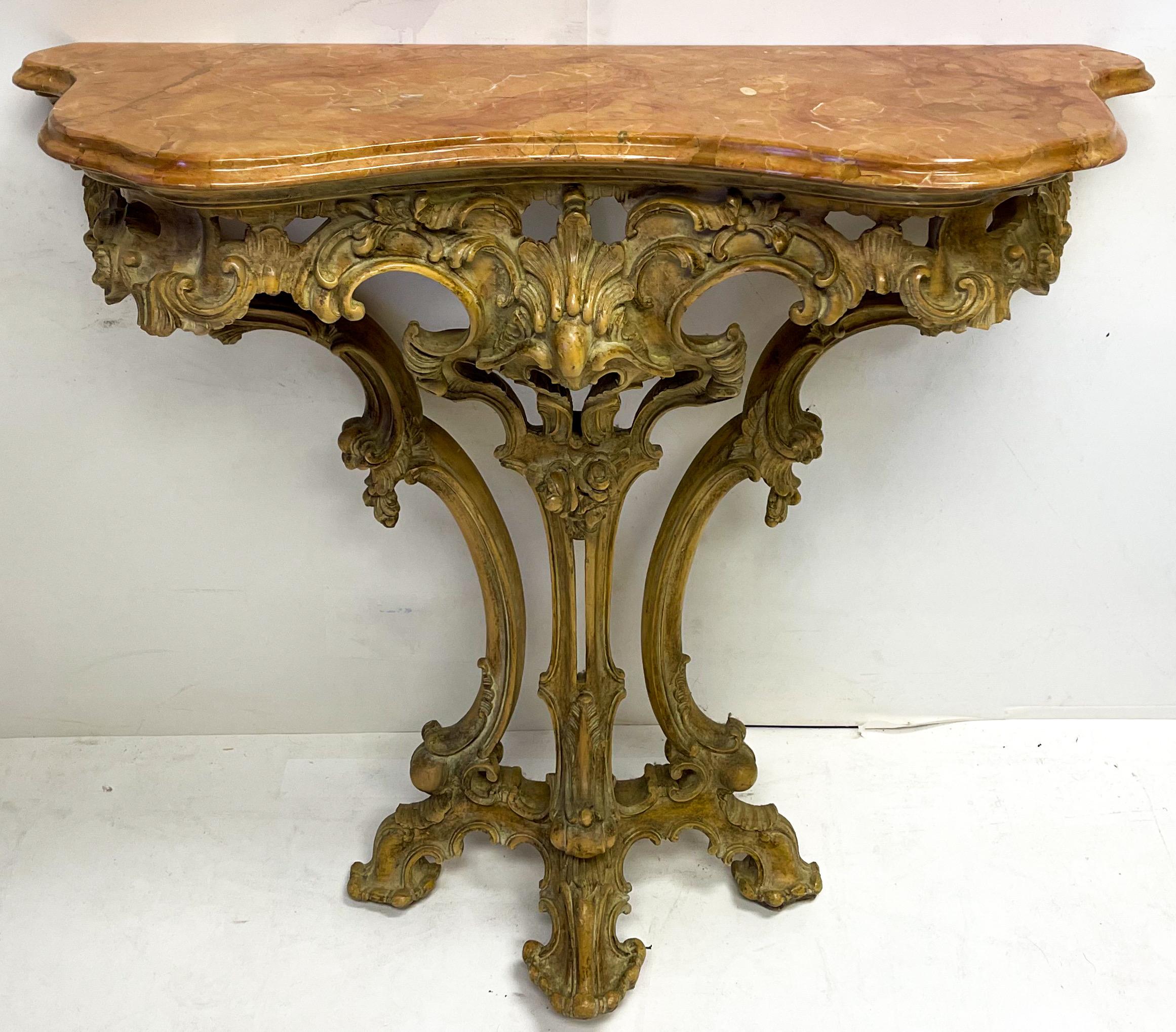 20th Century French Carved Pine Console Table with Rouge Marble Top For Sale