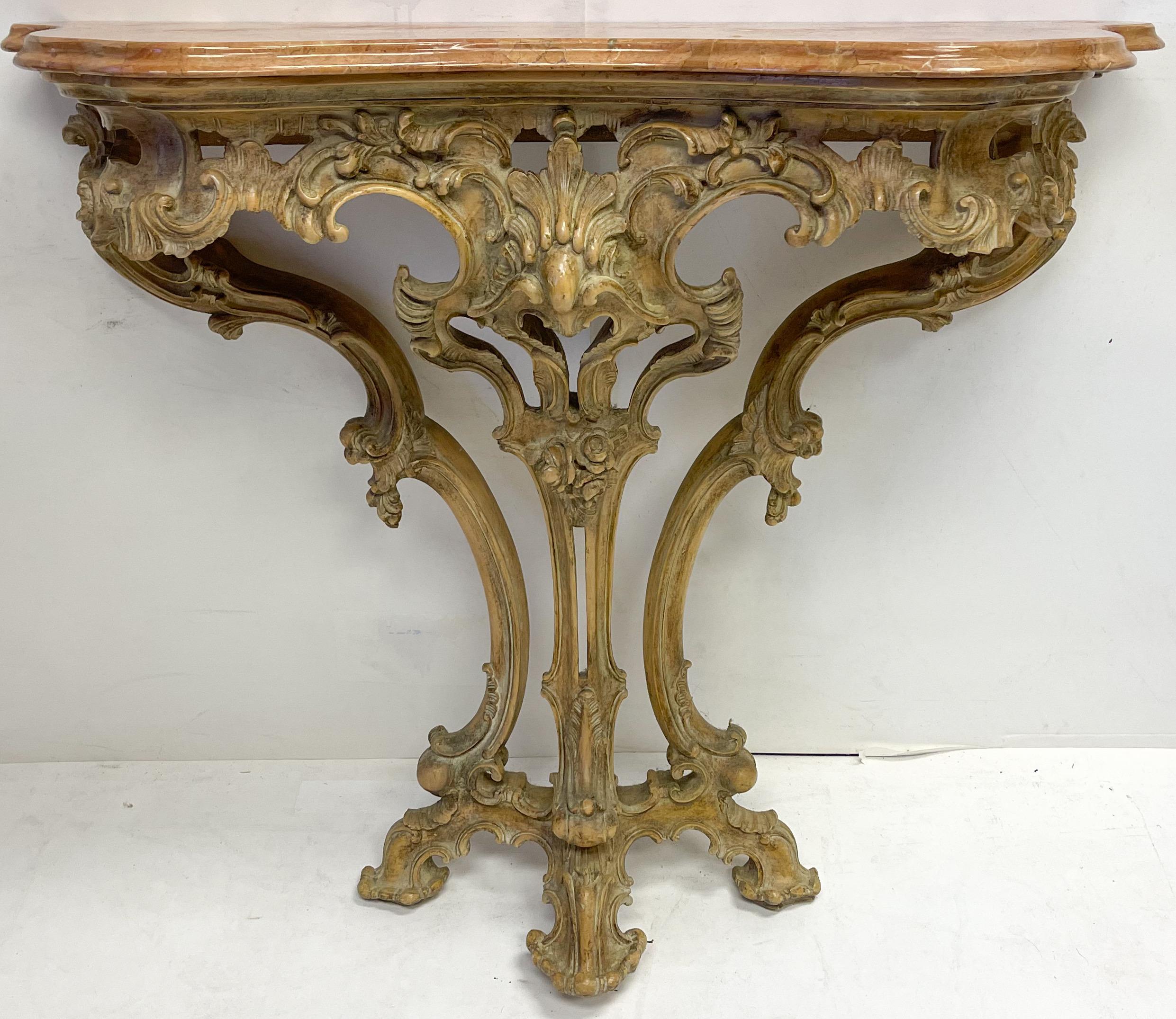 French Carved Pine Console Table with Rouge Marble Top For Sale 1