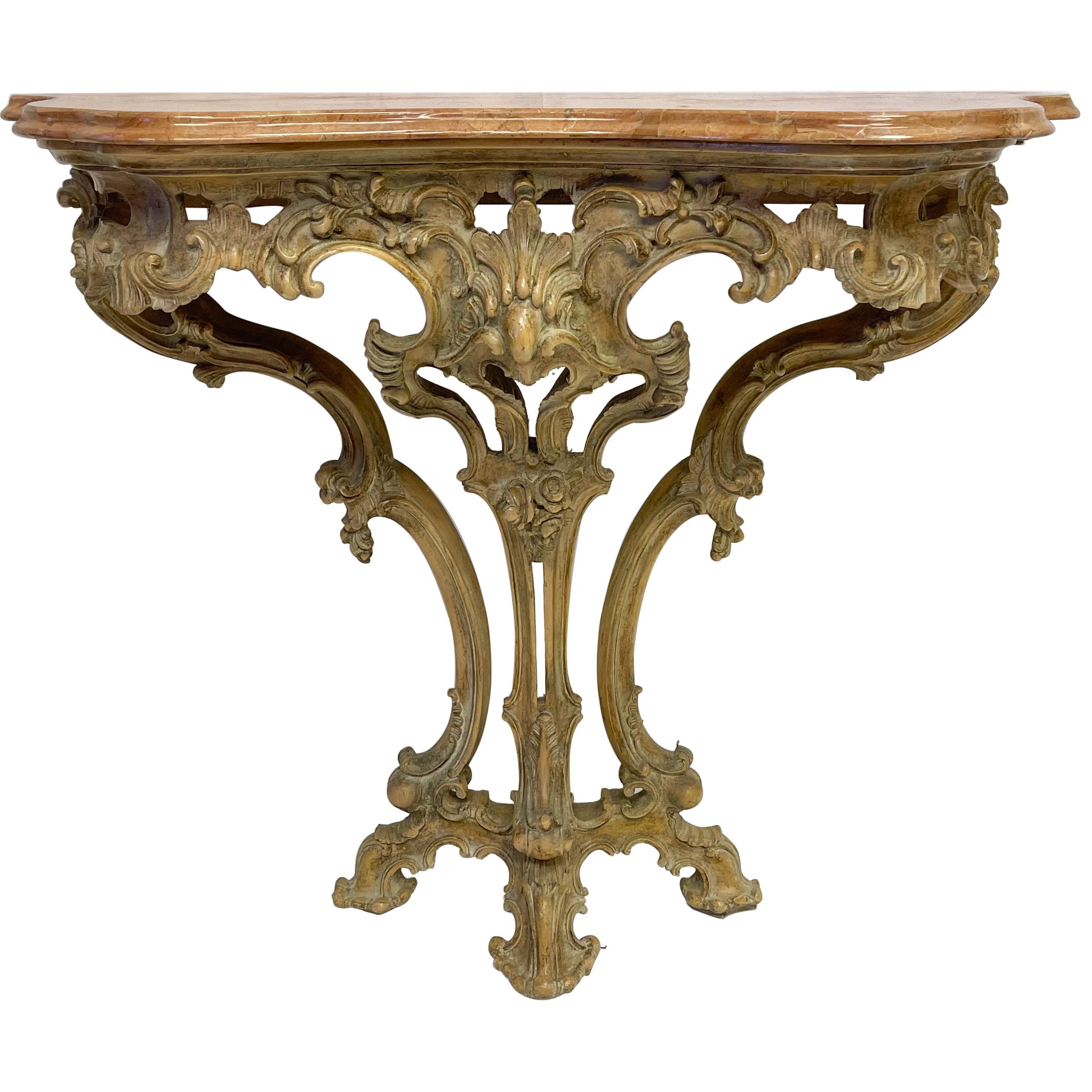 French Carved Pine Console Table with Rouge Marble Top For Sale