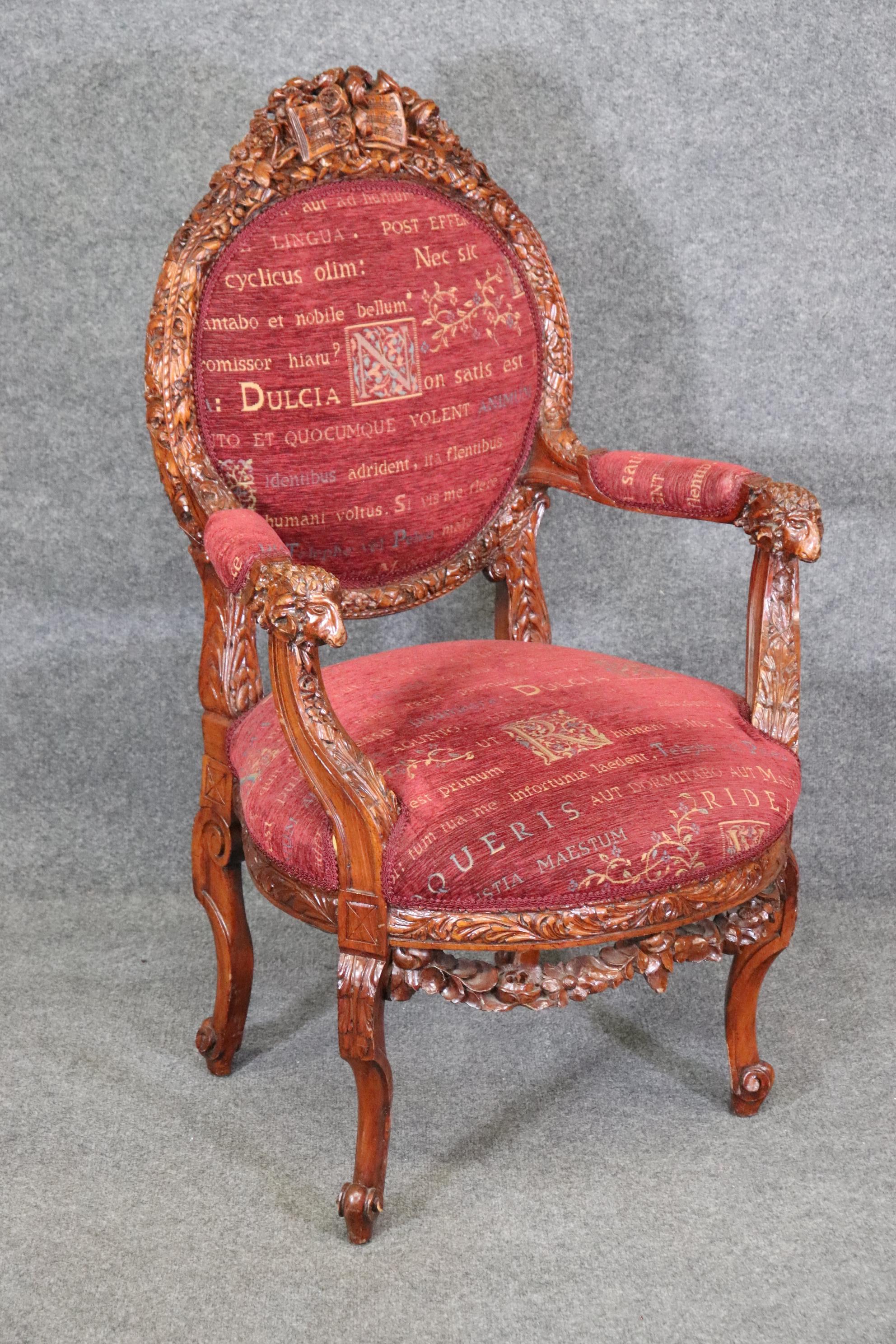 French Carved Regency Rams Head Musical Themed Armchair Circa 1920s  In Good Condition In Swedesboro, NJ