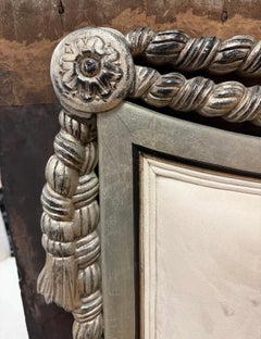 French Carved Silver Wood and Cream Suede Leather King Size Headbaord by Karges