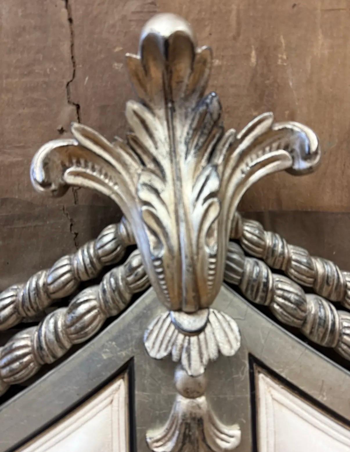French Carved Silver Wood and Cream Suede Leather King Size Headbaord by Karges In Good Condition For Sale In West Hartford, CT