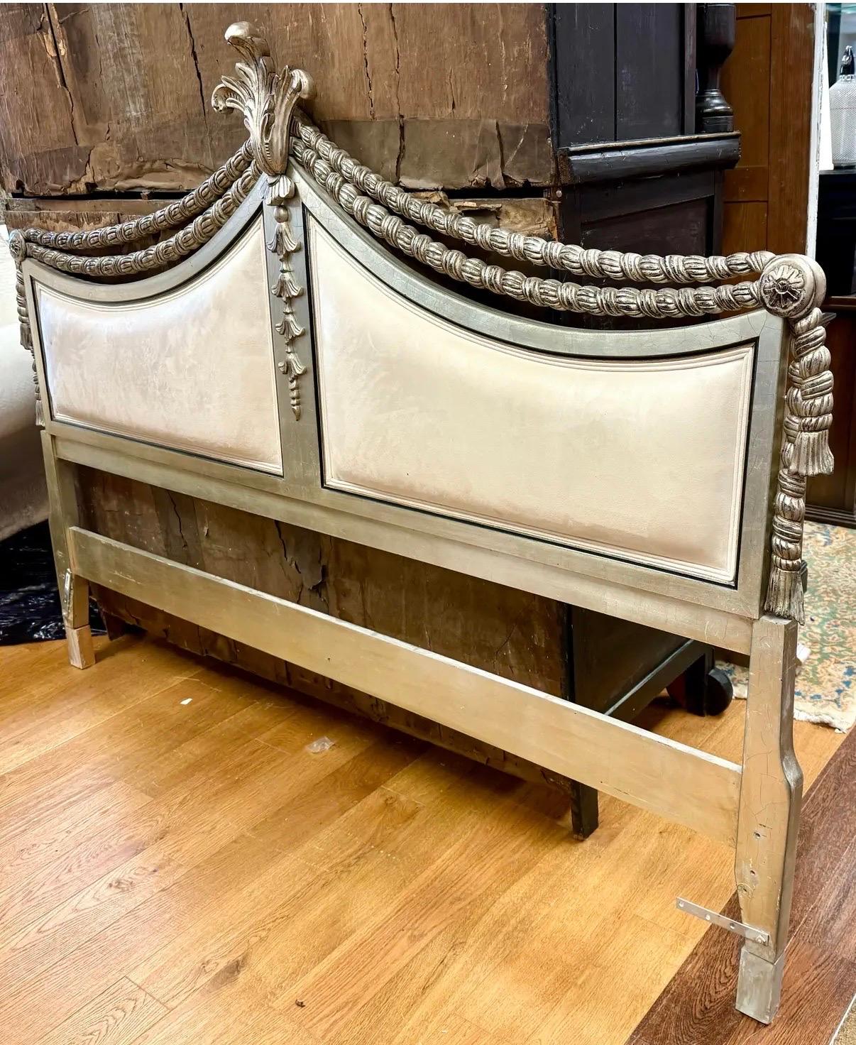 20th Century French Carved Silver Wood and Cream Suede Leather King Size Headbaord by Karges For Sale