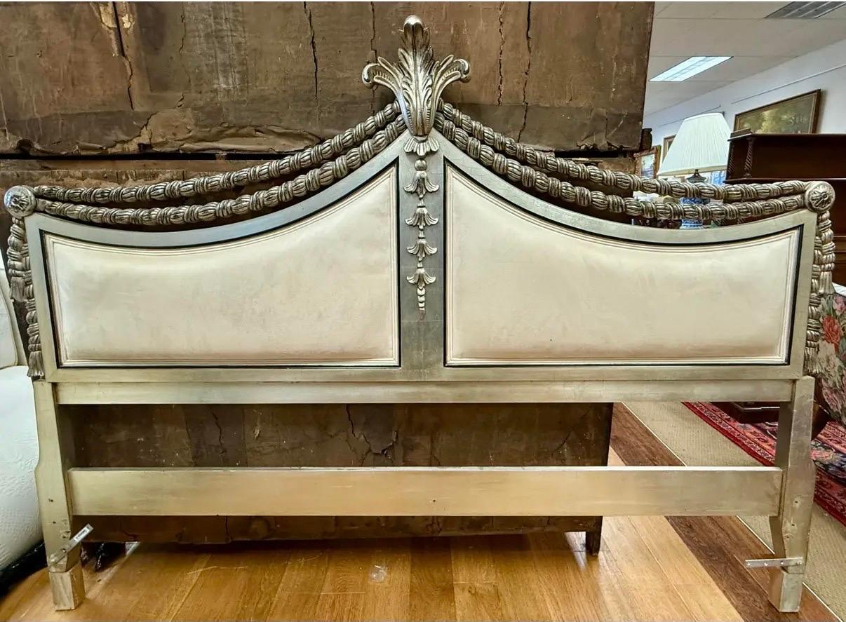French Carved Silver Wood and Cream Suede Leather King Size Headbaord by Karges For Sale 2
