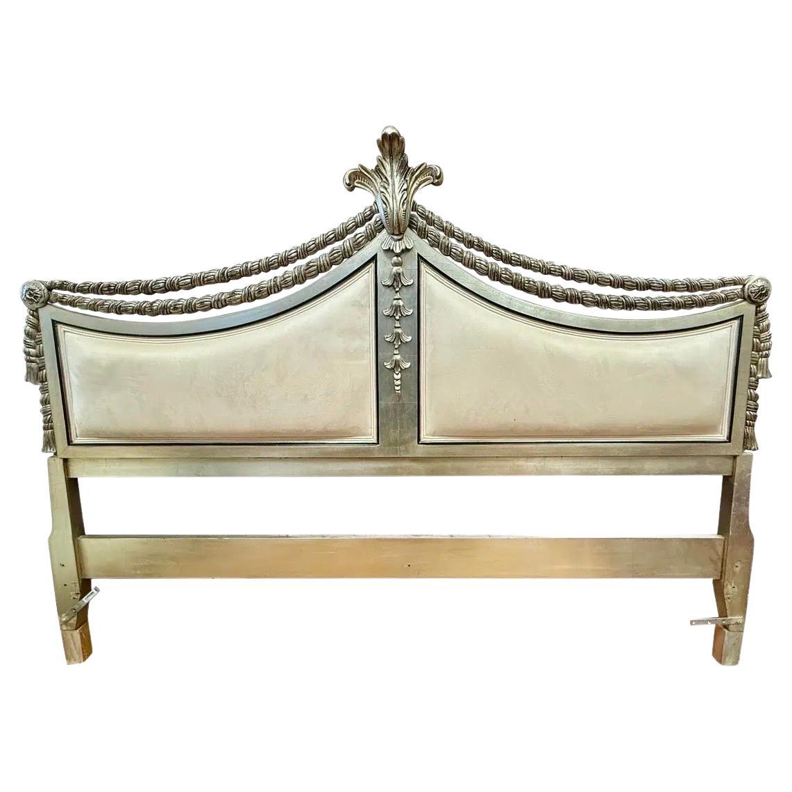 French Carved Silver Wood and Cream Suede Leather King Size Headbaord by Karges