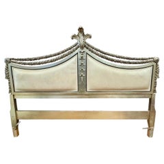 French Carved Silver Wood and Cream Suede Leather King Size Headbaord by Karges