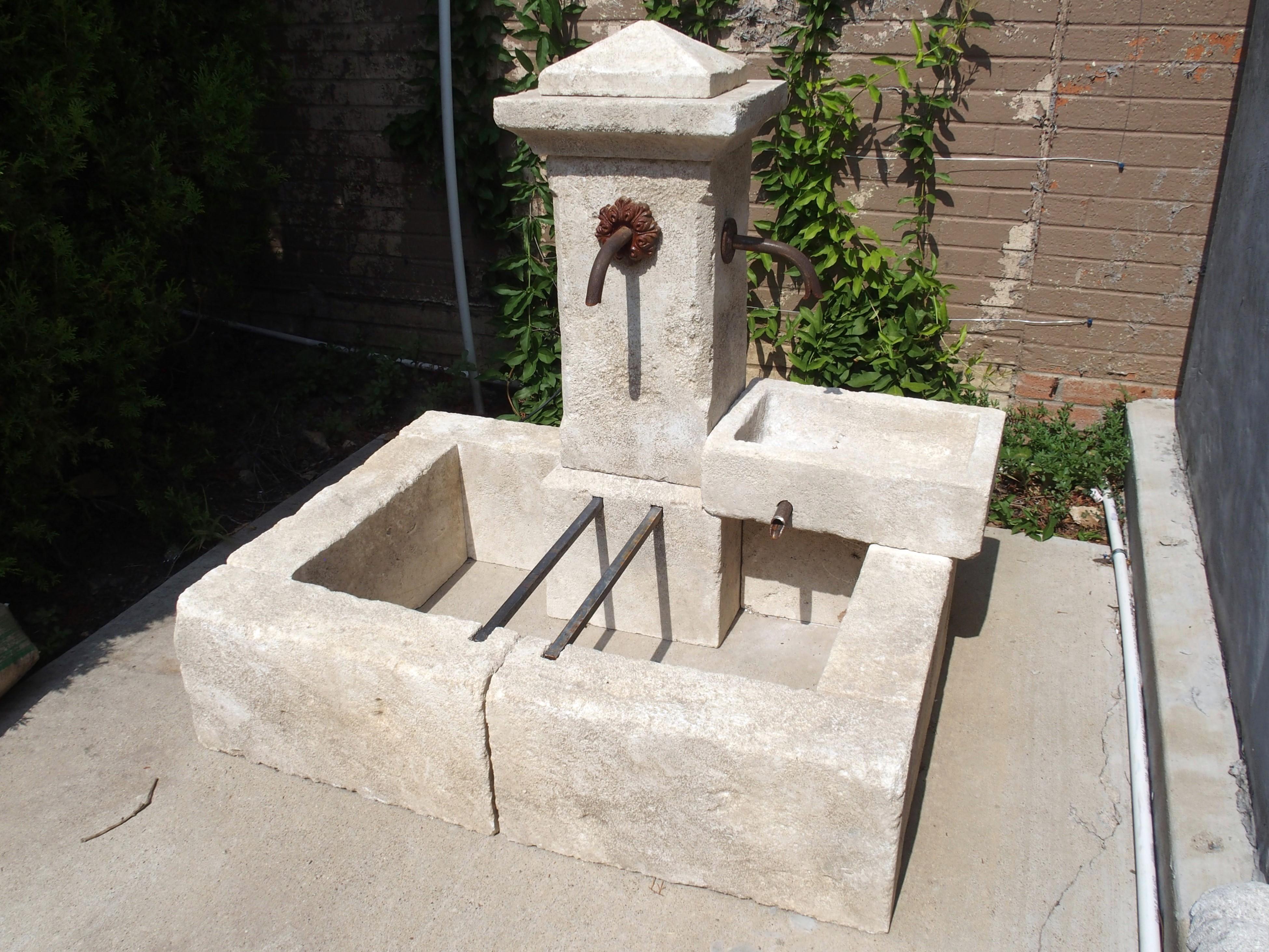 French Carved Single Pillar Limestone Fountain with Side Mounted Basin 4