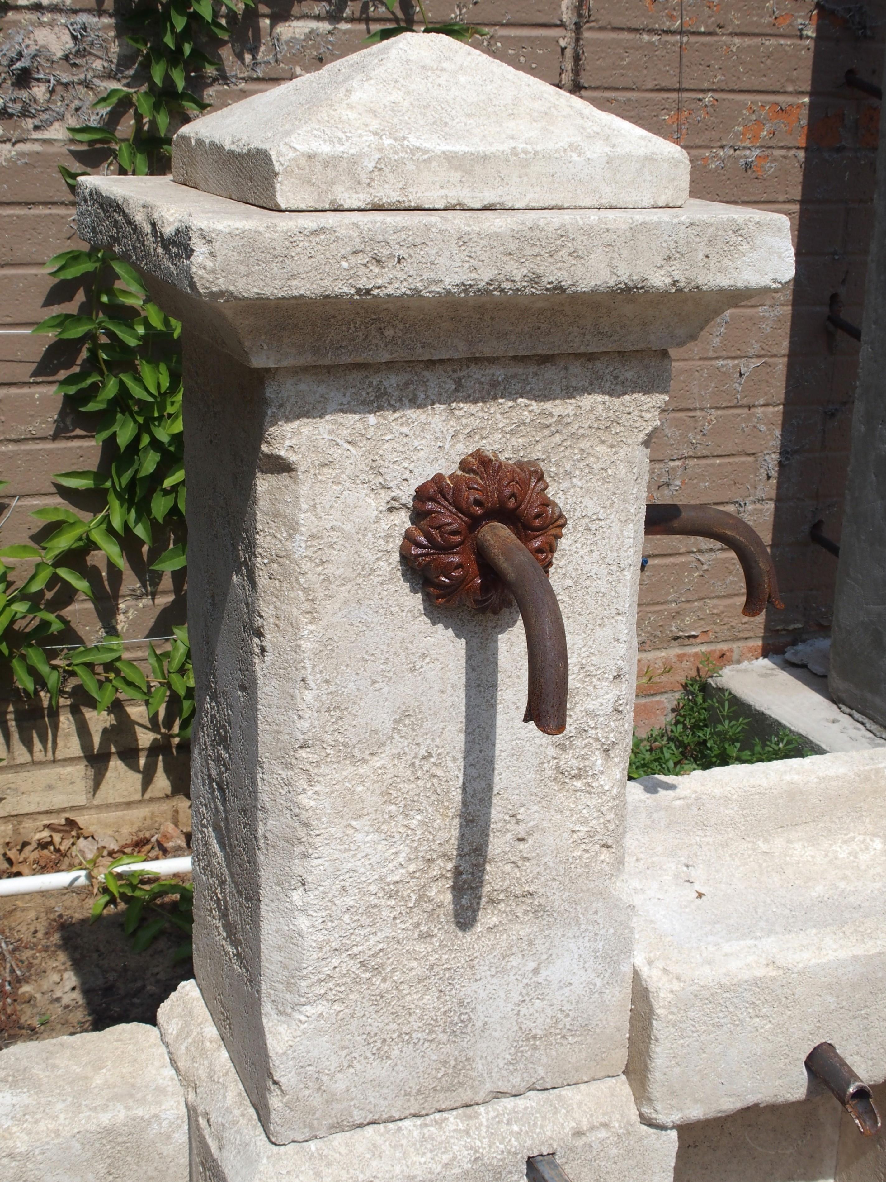 Contemporary French Carved Single Pillar Limestone Fountain with Side Mounted Basin