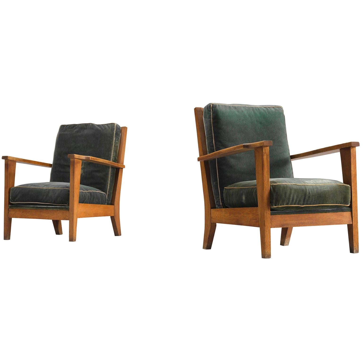 French Pair of Carved Solid Oak Chairs with Dark Green Upholstery For