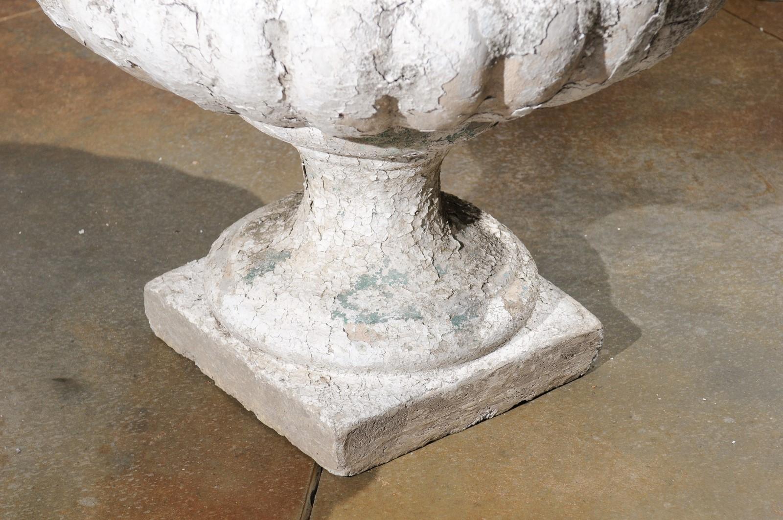 French Carved Stone 19th Century Garden Urn with Gadroon Motifs and Aged Patina 1