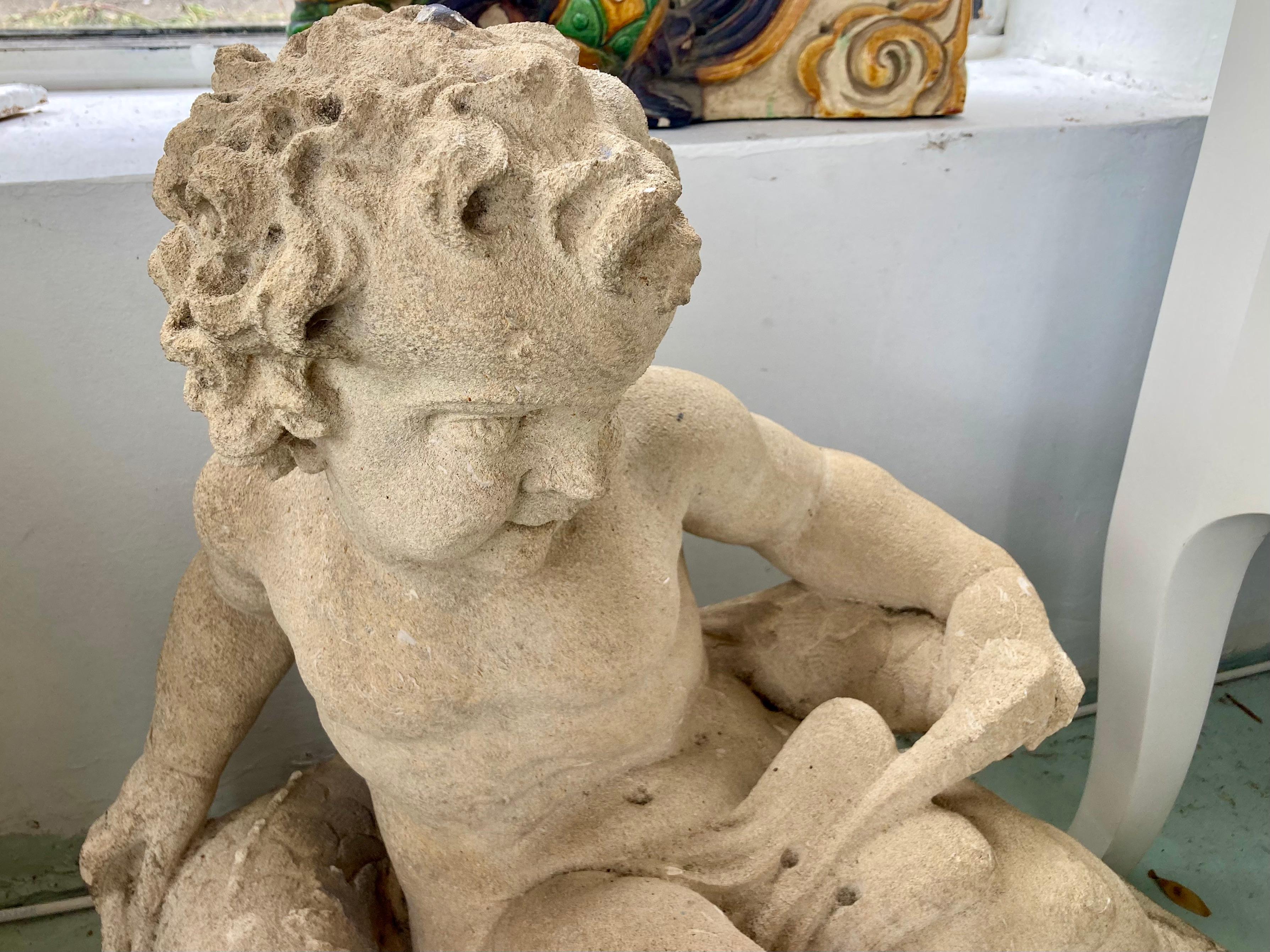 French Carved Stone Putti and Pan Garden Statues, a Pair For Sale 1