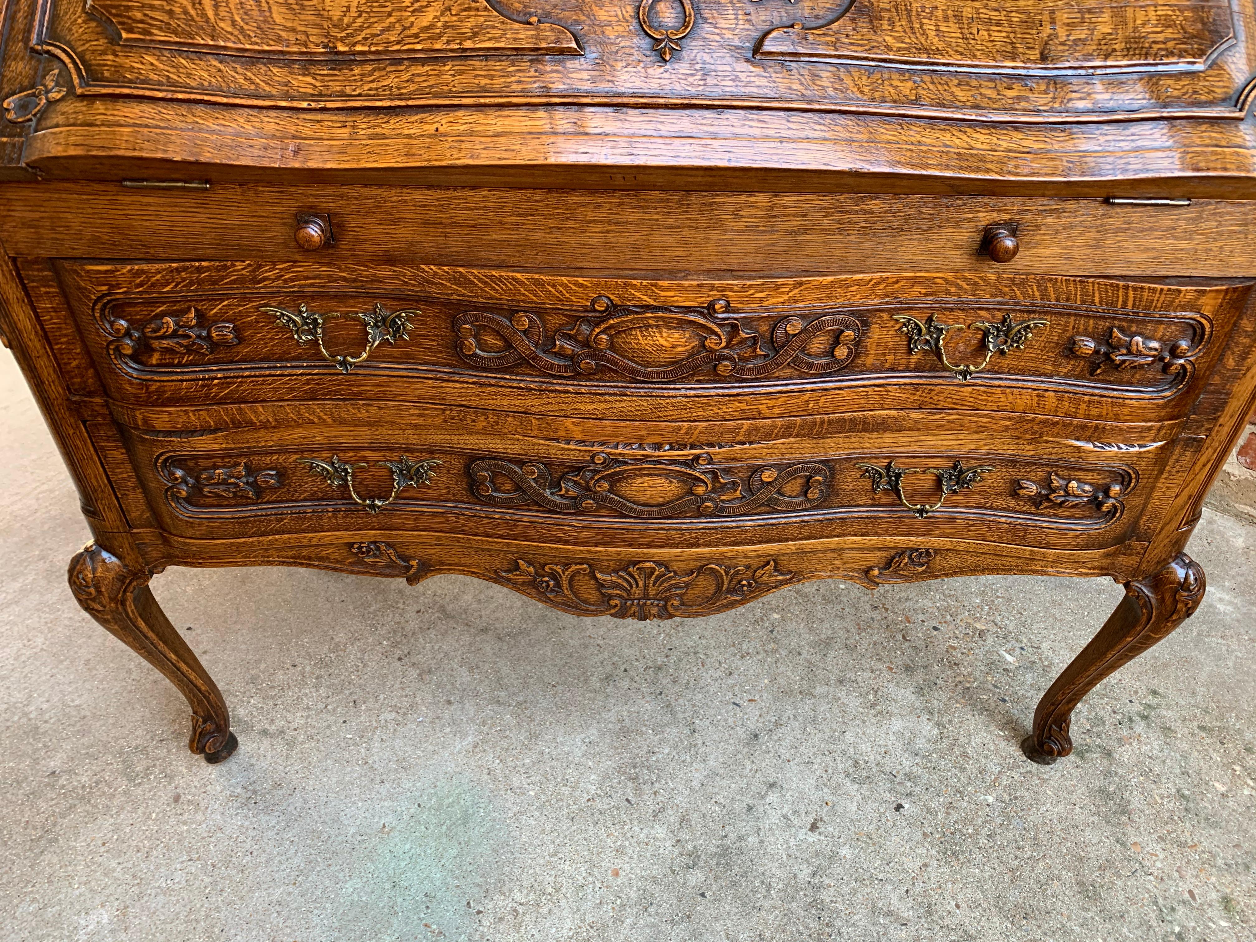 French Carved Tiger Oak Secretary Desk Bureau Drop Front Table Louis XV Style 6